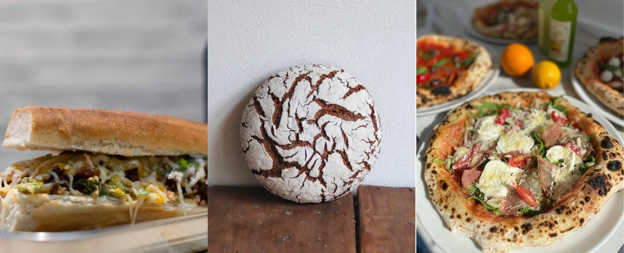 © Gorilla Kitchen Deli | Das Tho | Pizzeria Mergellina Collage mit Sandwich, Brot und Pizza.  Appetitliche Fotos für Food-Blogs und Restaurants.
