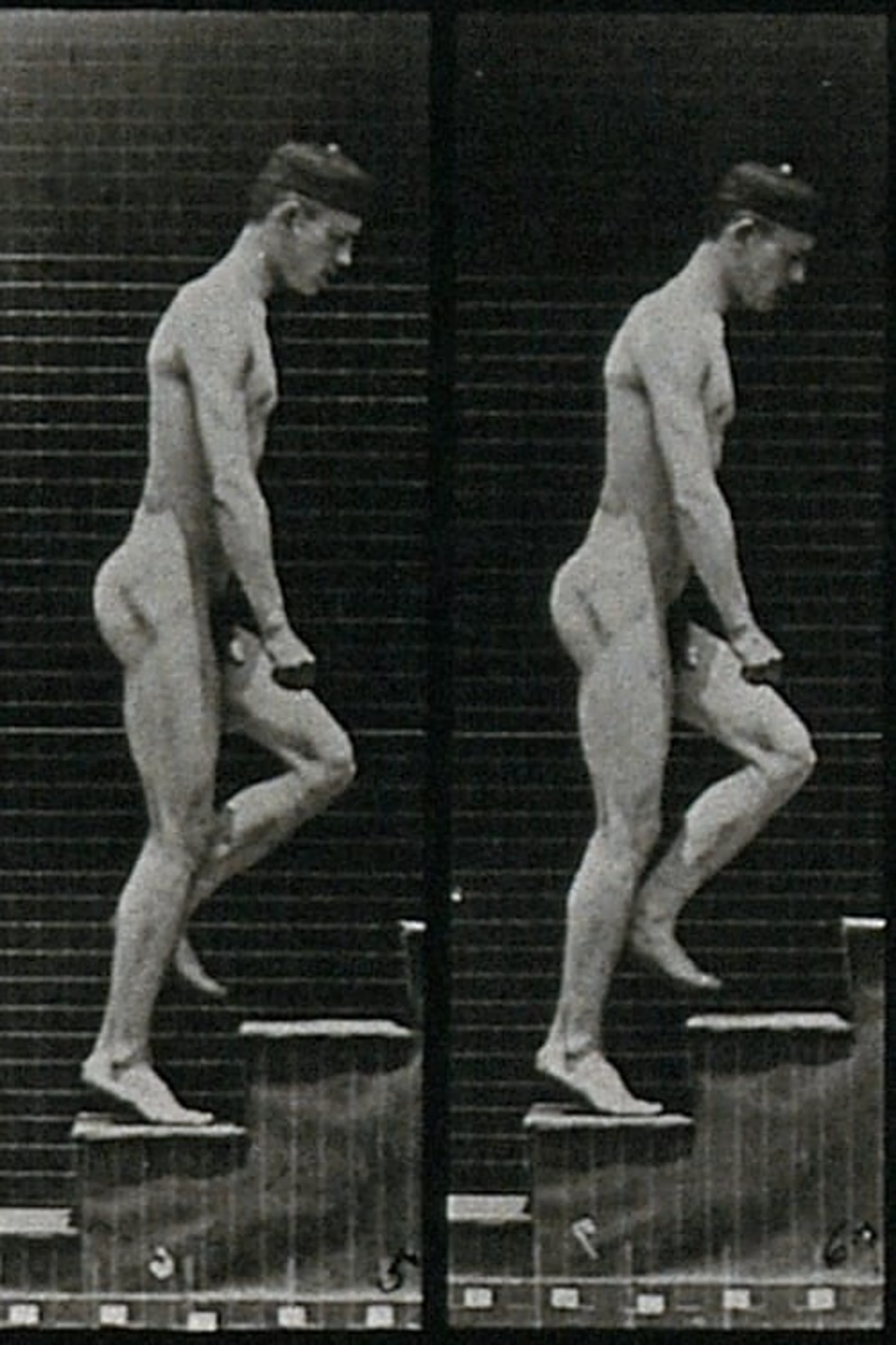 A man walking up stairs
