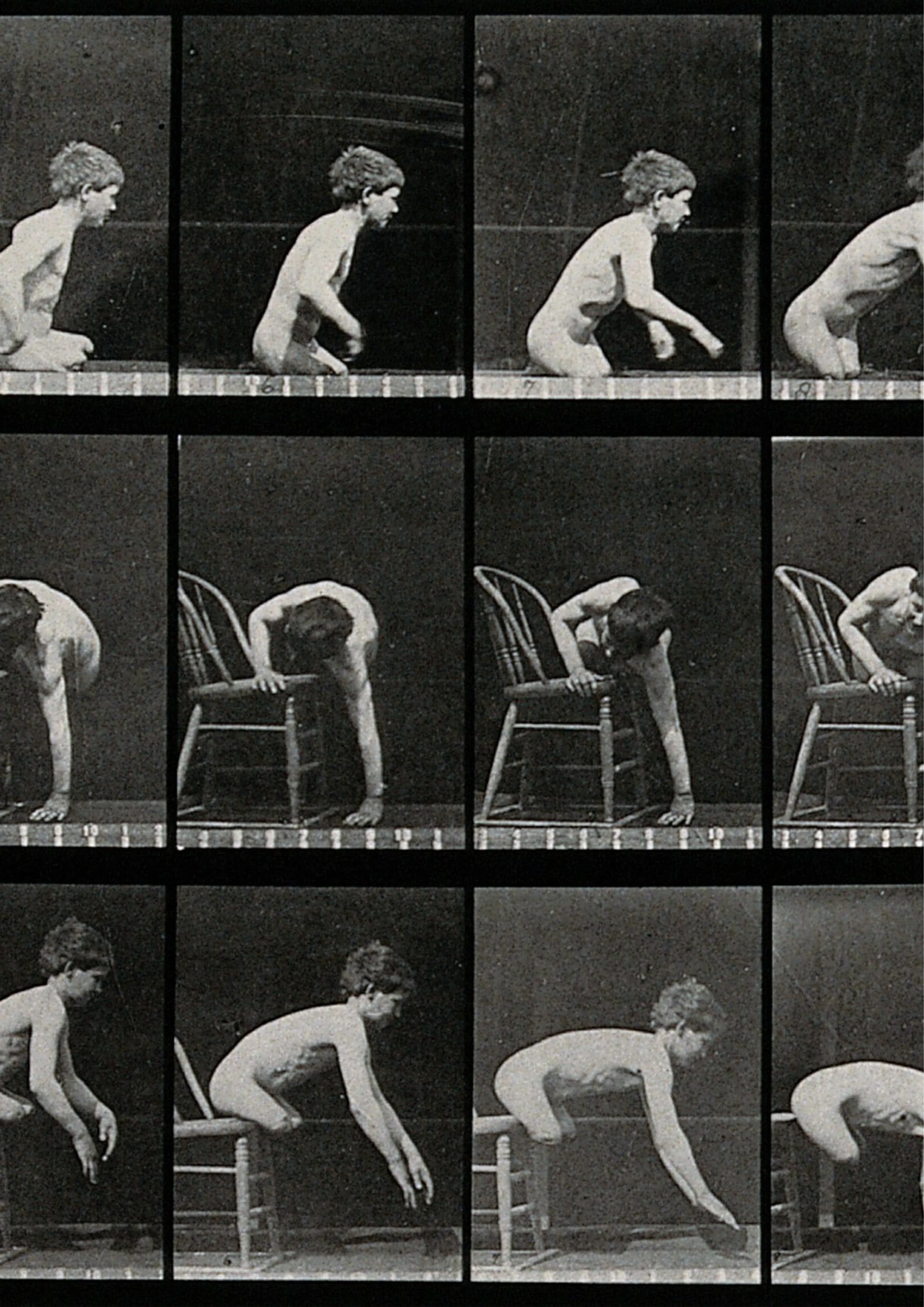 A double amputee climbing on to a chair, descending from a chair