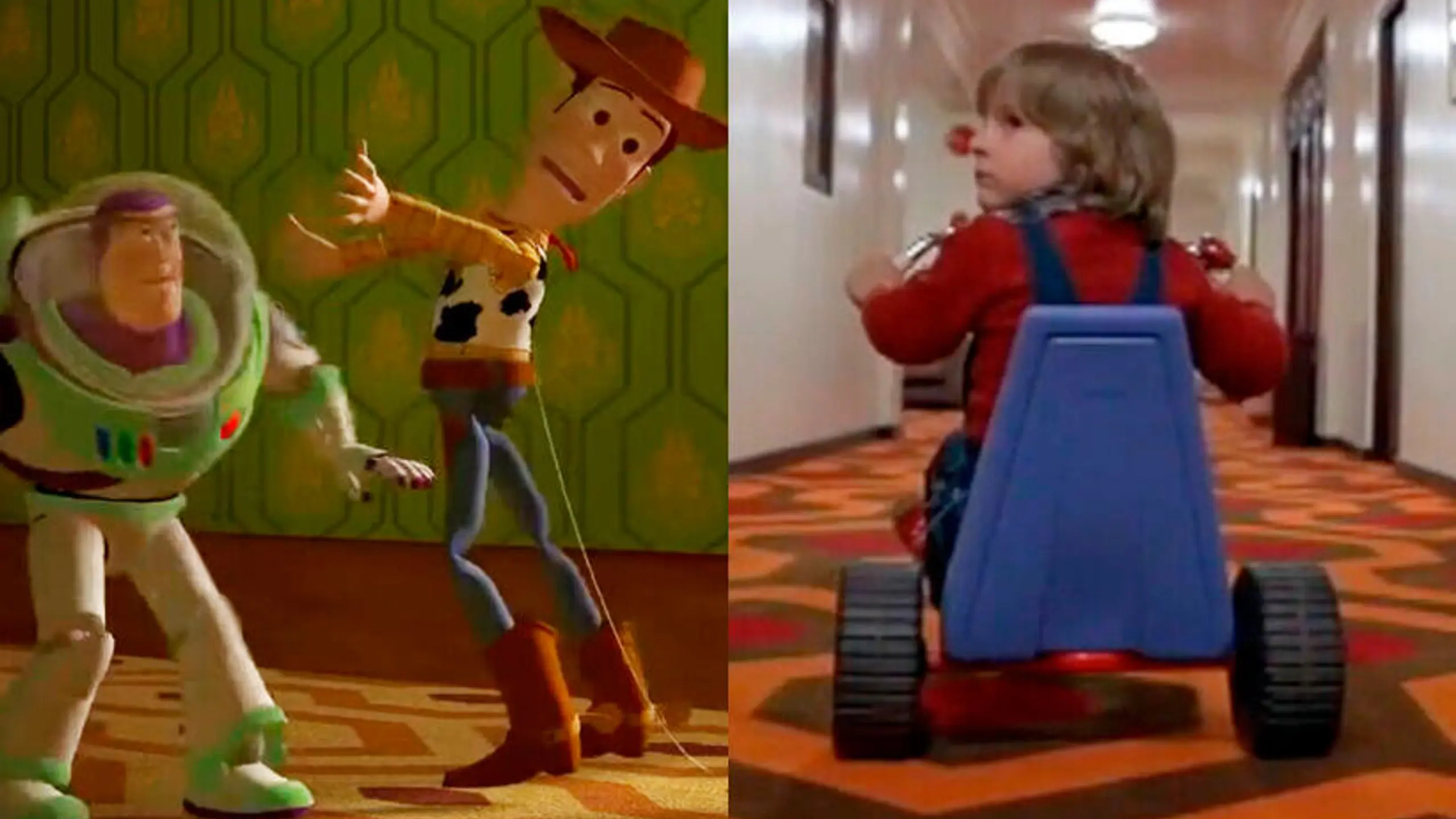 Easter Eggs sind versteckte Besonderheiten in Filmen und Serien, wobei der Kreativität keine Grenzen gesetzt sind. Finden Sie in diesem Bild (das Szenen aus den Filmen „Toy Story“ und „Shining“ zeigt) eine Gemeinsamkeit?