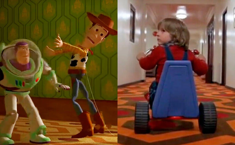Easter Eggs sind versteckte Besonderheiten in Filmen und Serien, wobei der Kreativität keine Grenzen gesetzt sind. Finden Sie in diesem Bild (das Szenen aus den Filmen „Toy Story“ und „Shining“ zeigt) eine Gemeinsamkeit?