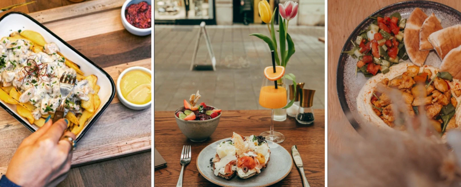 © andspotato I Verde I Nava Drei leckere Gerichte: Pommes mit Soße, Frühstück und Hummus mit Hähnchen.