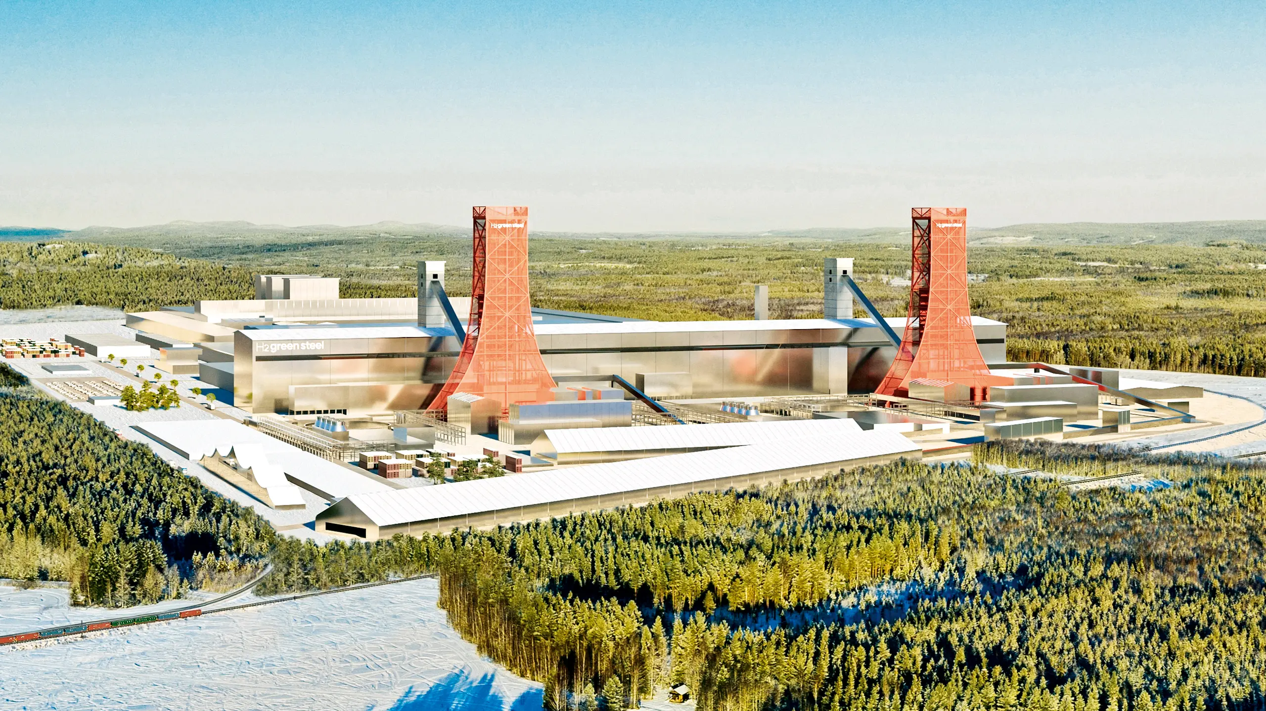 © H2 Green Steel Grünstahl. Bis 2030 soll das H2GS-Werk in Nordschweden, das so aussehen soll wie auf diesem Bild, fünf Millionen Tonnen stark CO2-reduzierten Stahl herstellen.