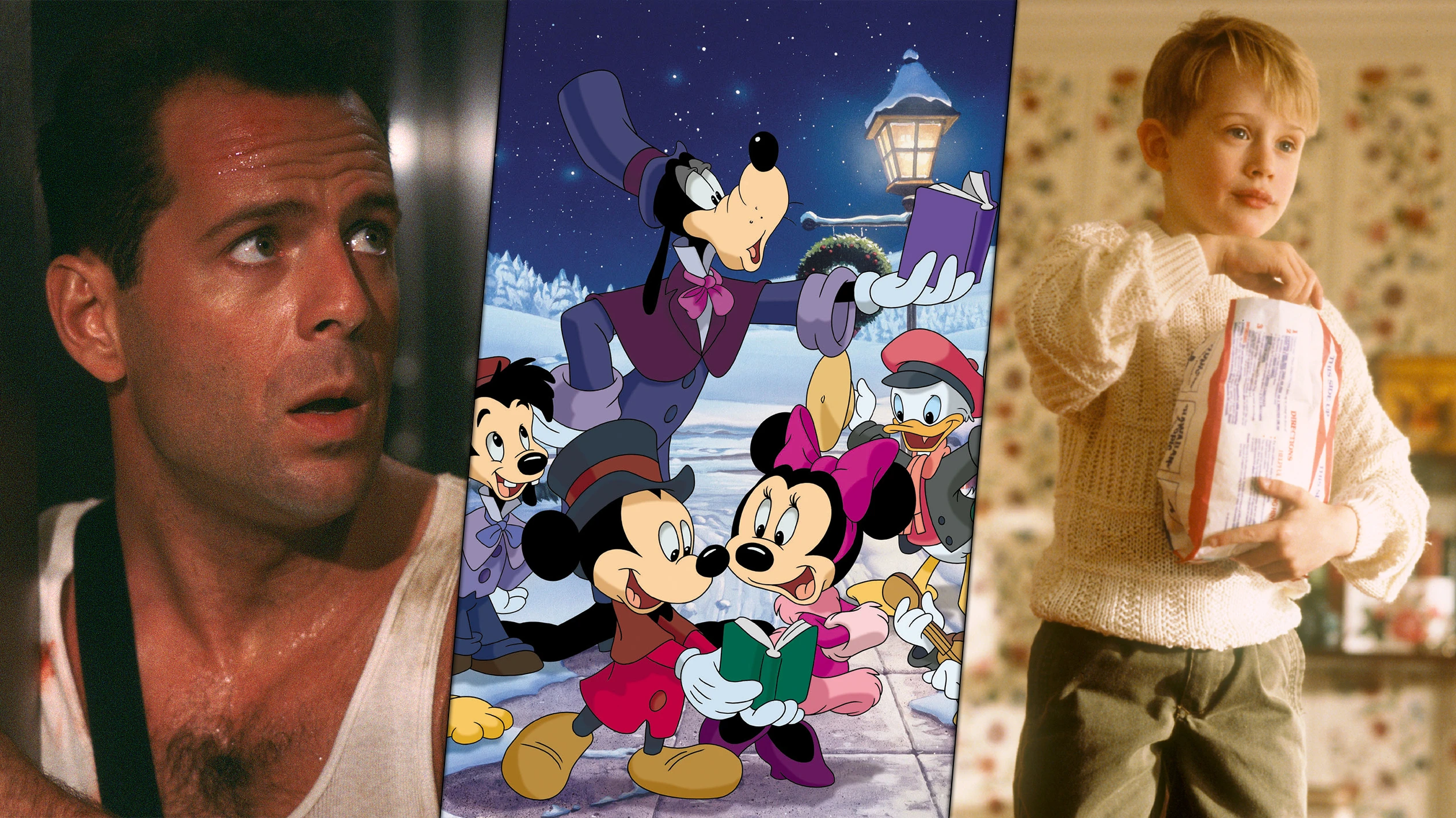 Szenen aus den Filmen „Stirb langsam“ (1988), „Mickys fröhliche Weihnachten“ (1999) und „Kevin – Allein zu Haus“ (1990)