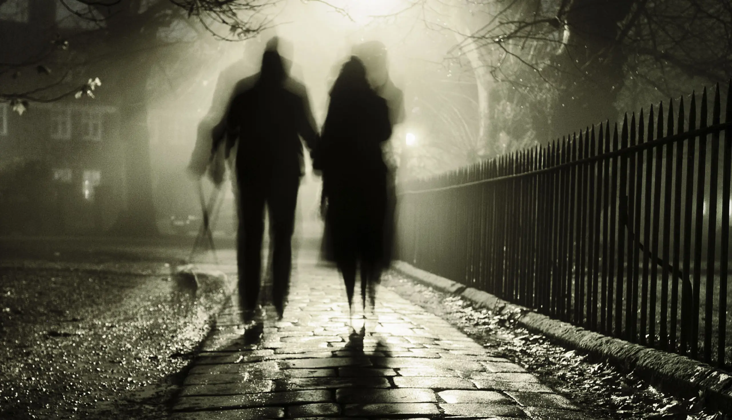 Zwei Personen gehen in der Nacht auf einer von Nebel bedeckten Straße