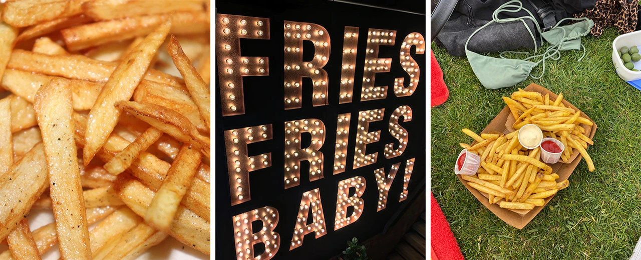 Drei Bilder: knusprige Pommes, ein leuchtendes Pommes-Schild und Pommes im Freien.