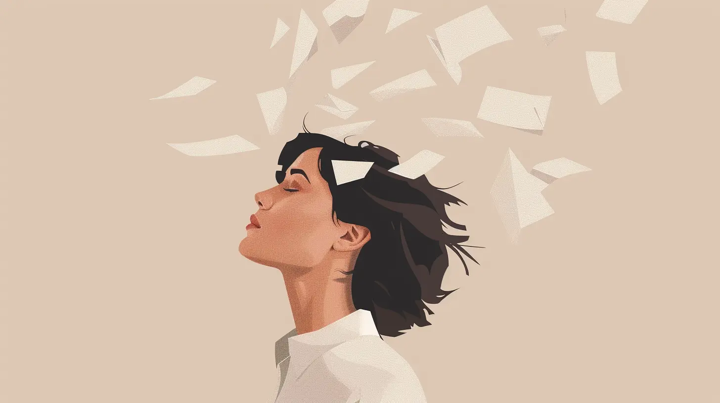 Illustration eines Frauenkopfes, aus dem kleine Zettel fliegen