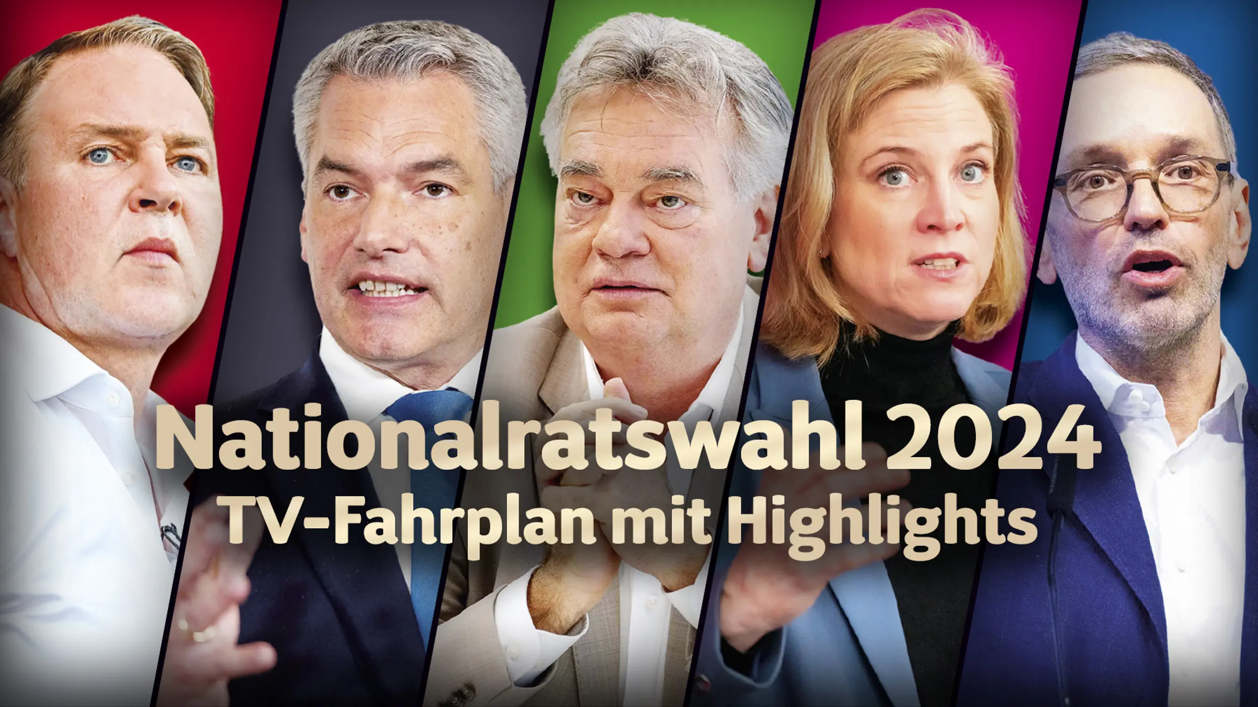 Andreas Babler (SPÖ), Karl Nehammer (ÖVP), Werner Kogler (GRÜNE), Beate Meinl-Reisinger (NEOS) und Herbert Kickl (FPÖ)