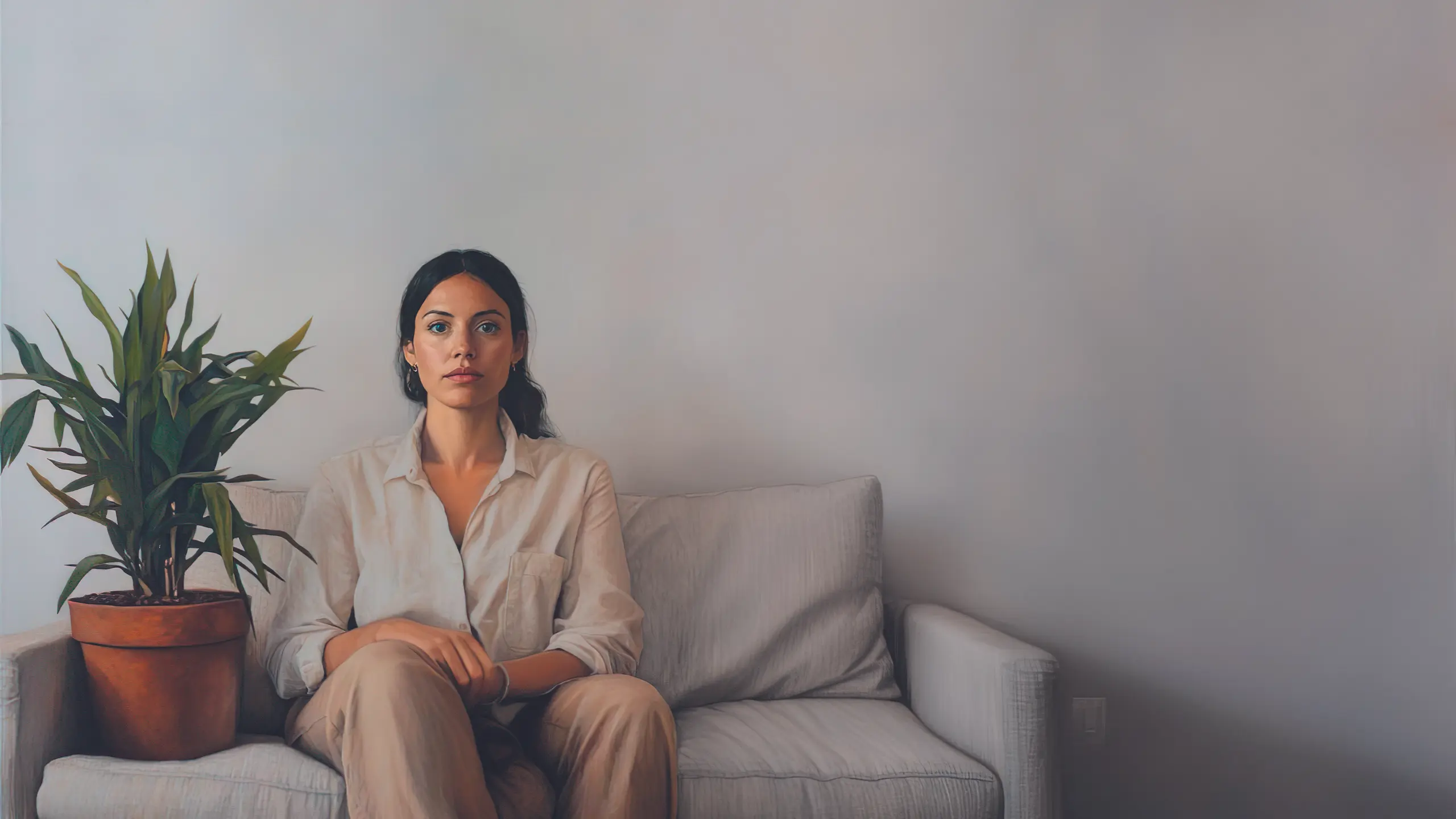 Frau, die neben einer Pflanze im Topf auf der Couch sitzt