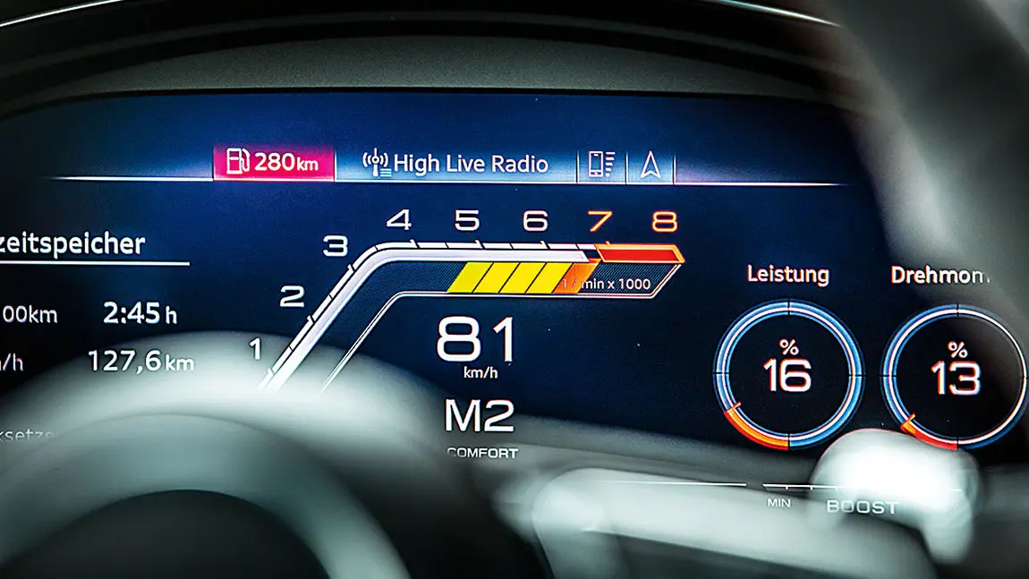 Die Drehzahl wird in einem Cockpit angezeigt.