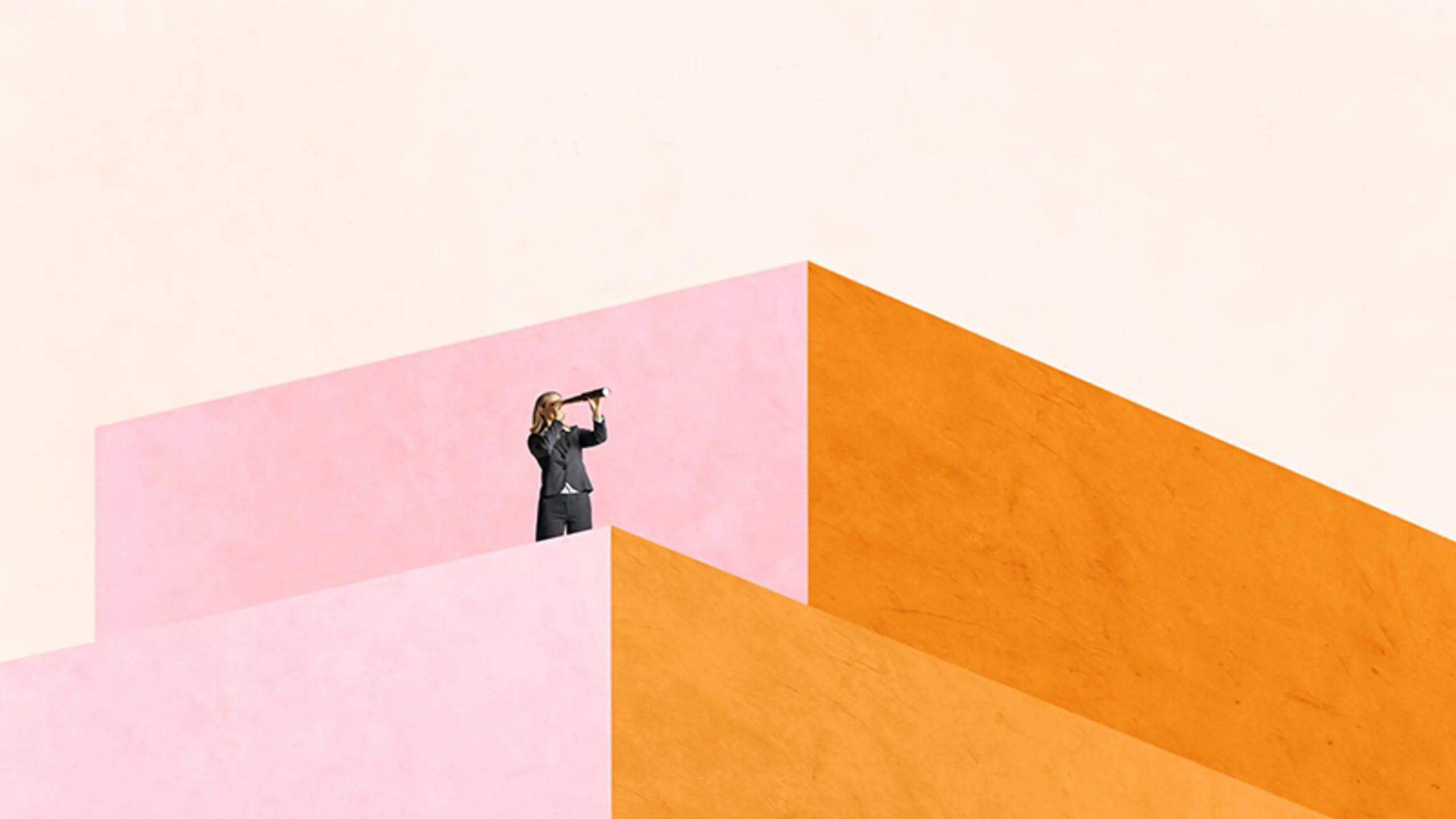 Illustration von einer Frau, die mit einem Fernrohr auf einer Treppe steht