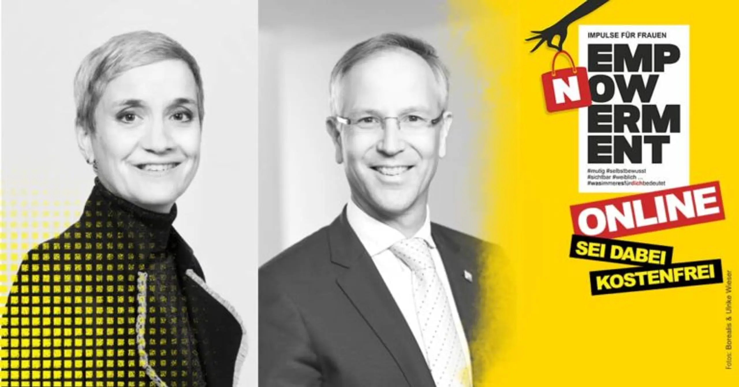 Portraitfotos von Mag.a Verena Florian und Dr. Hilmar Kroat-Reder in schwarz-weiß, am Rand der Schriftzug "Empowerment NOW online sei dabei"