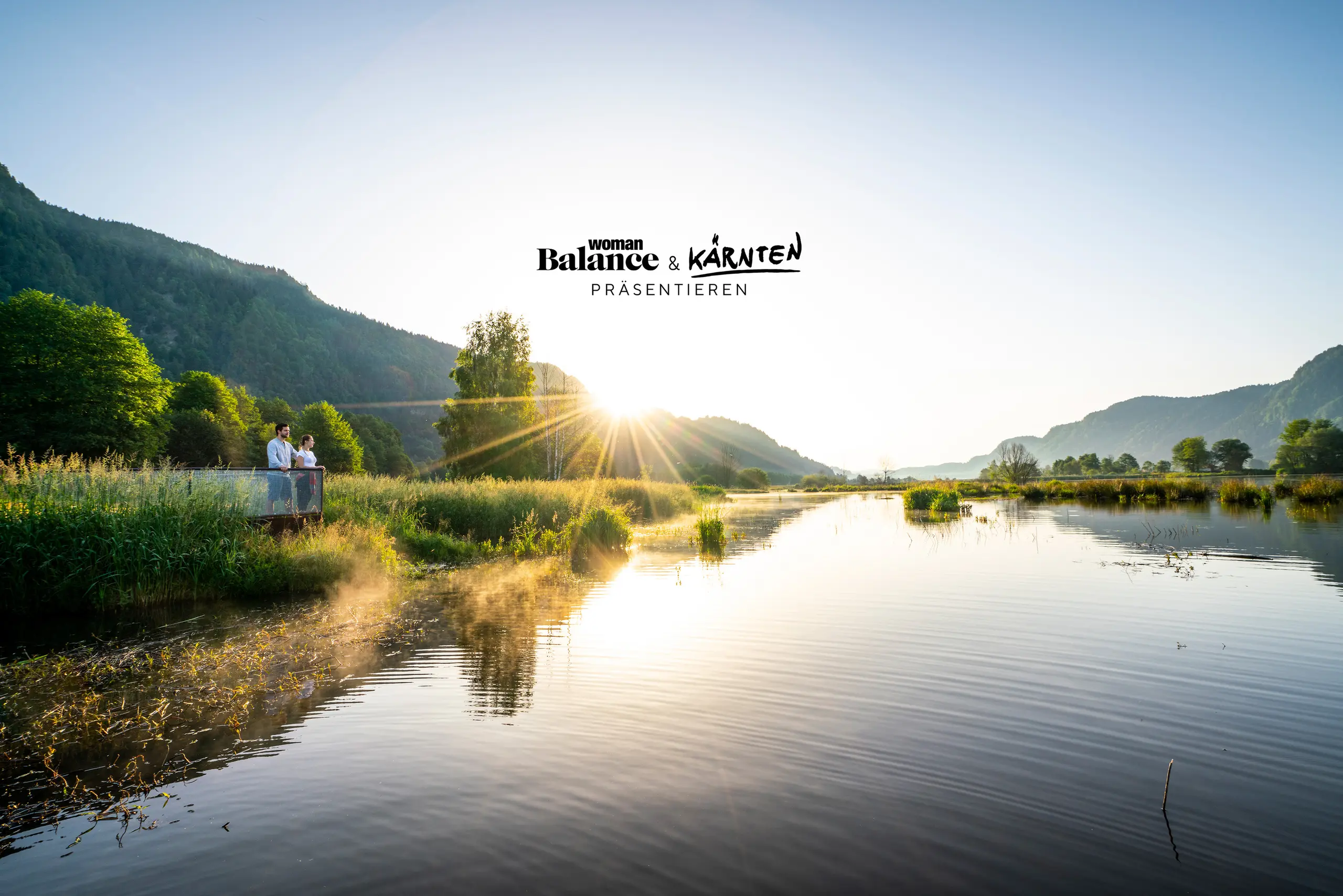 Der Ossiacher See in Kärnten, dazu die Logos von WOMAN Balance und Kärnten