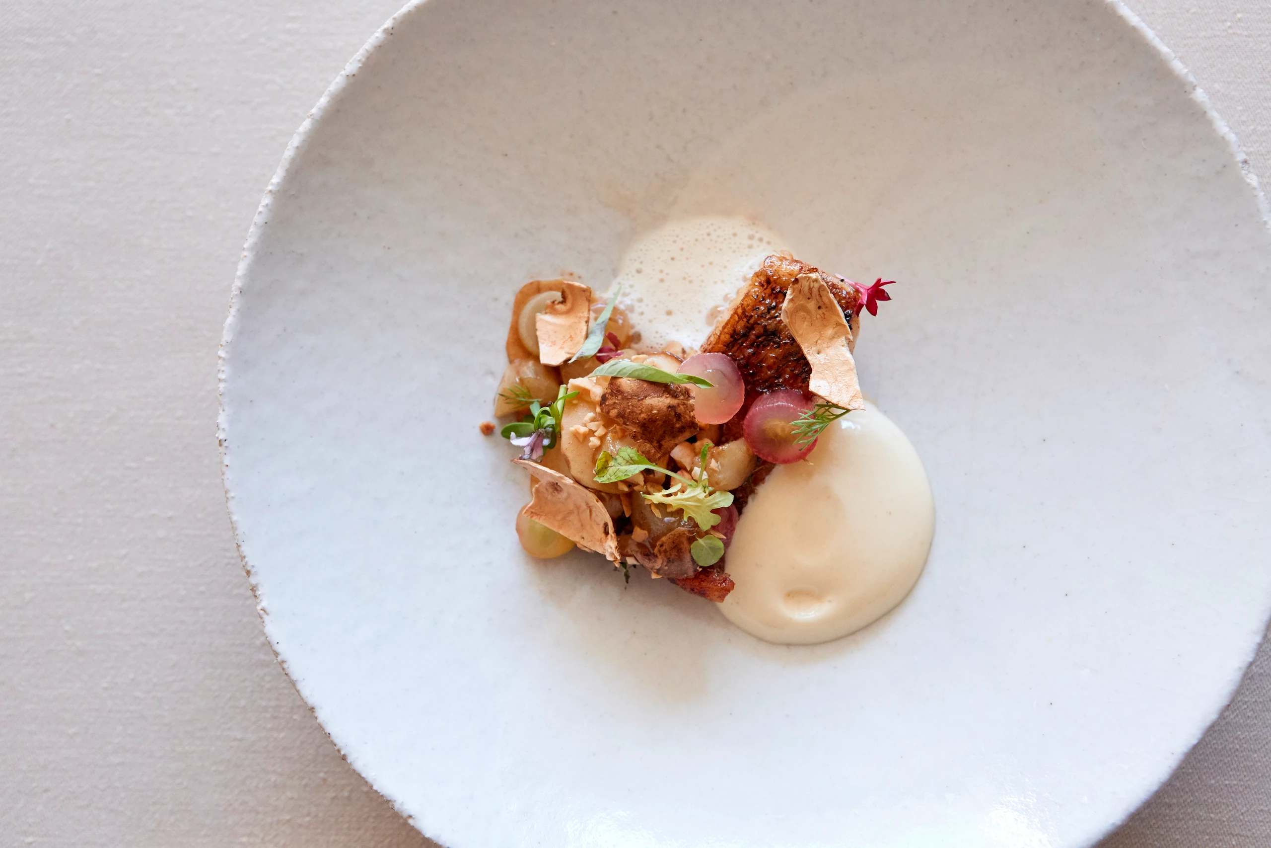 Hechtfilet mit Specksabayon, Topinambur und Steinpilzen