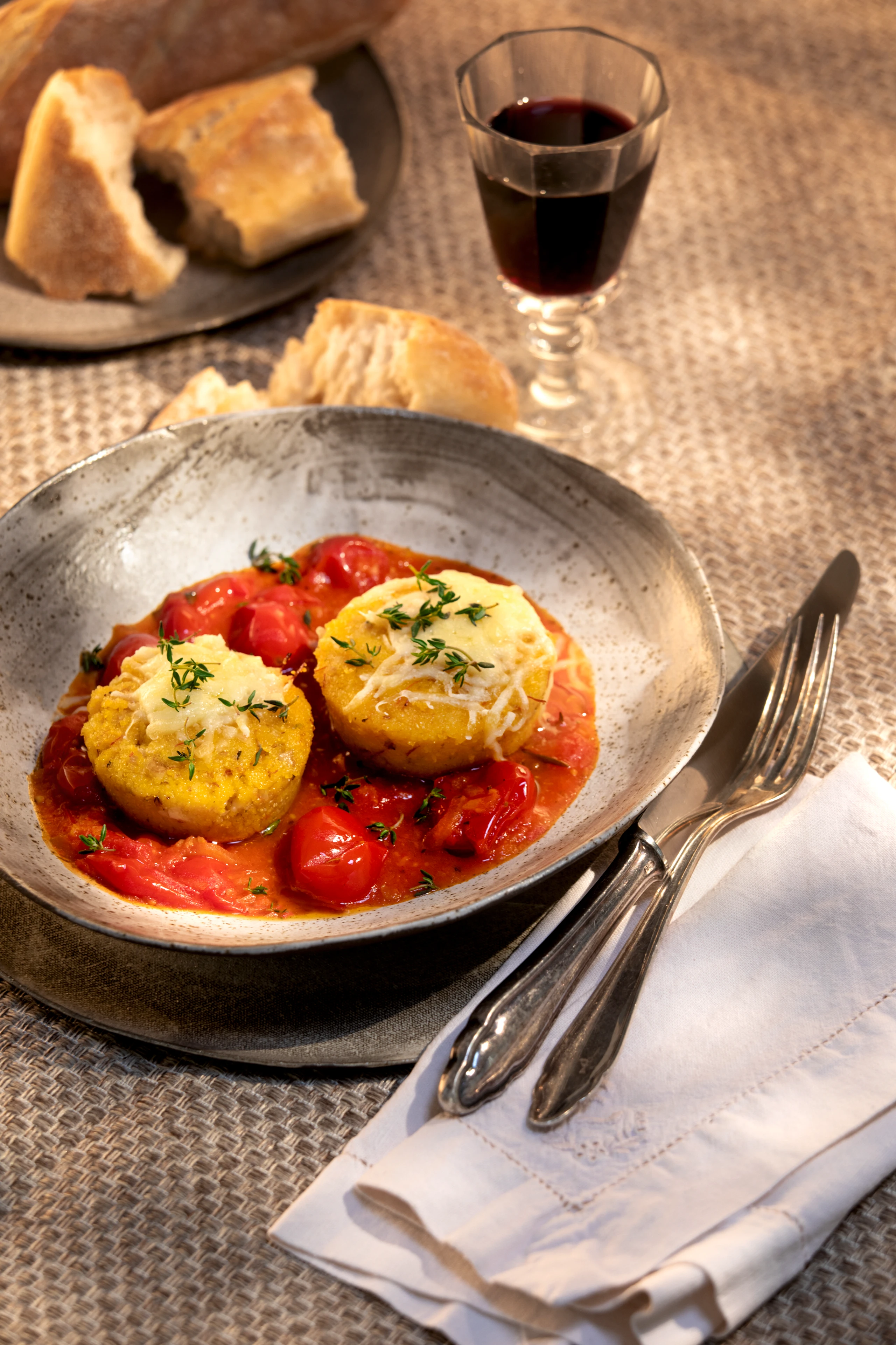 Polenta-Nusslaibchen mit Käsekruste und Paradeissauce