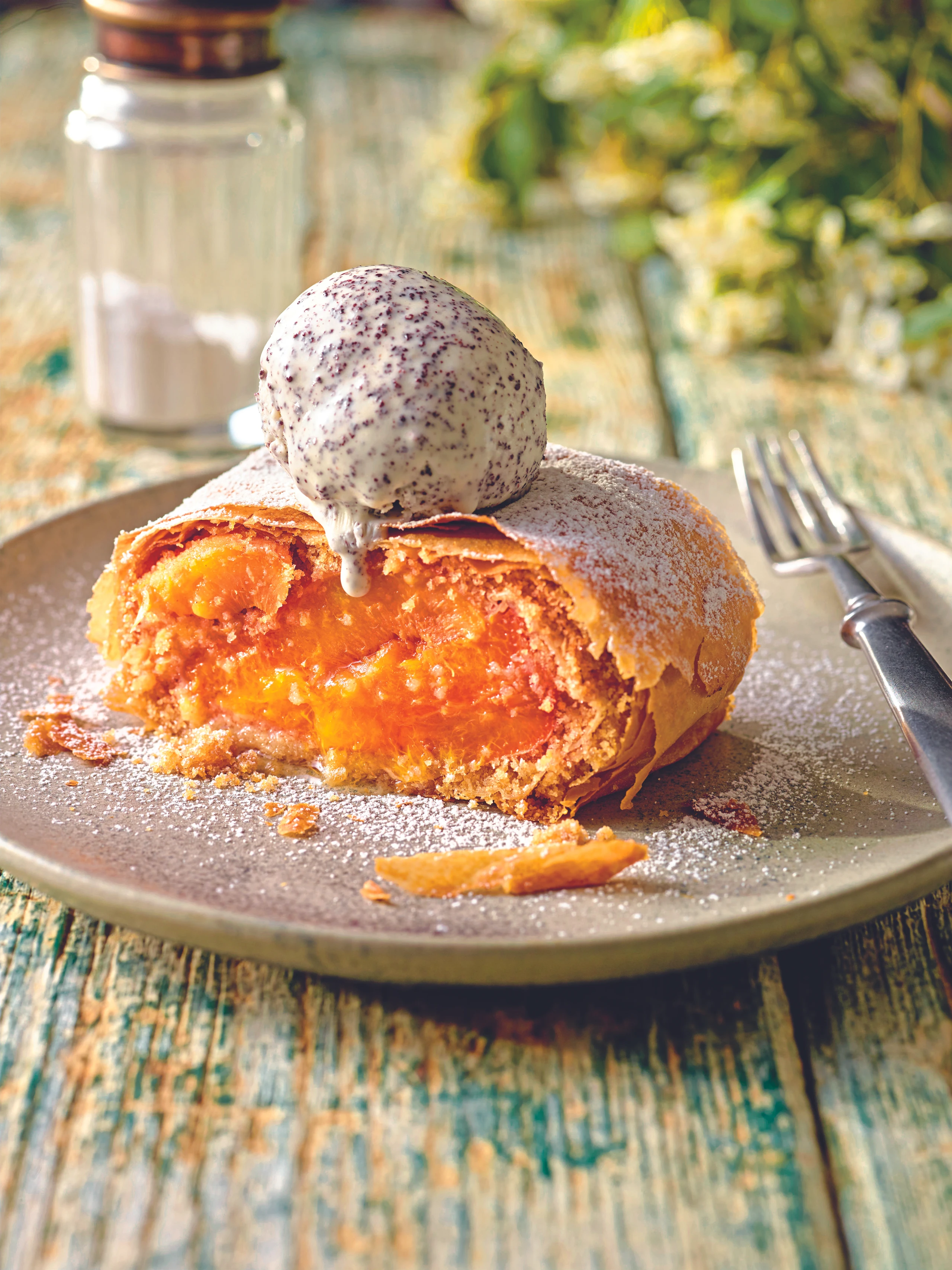 Marillenstrudel mit Mohneis
