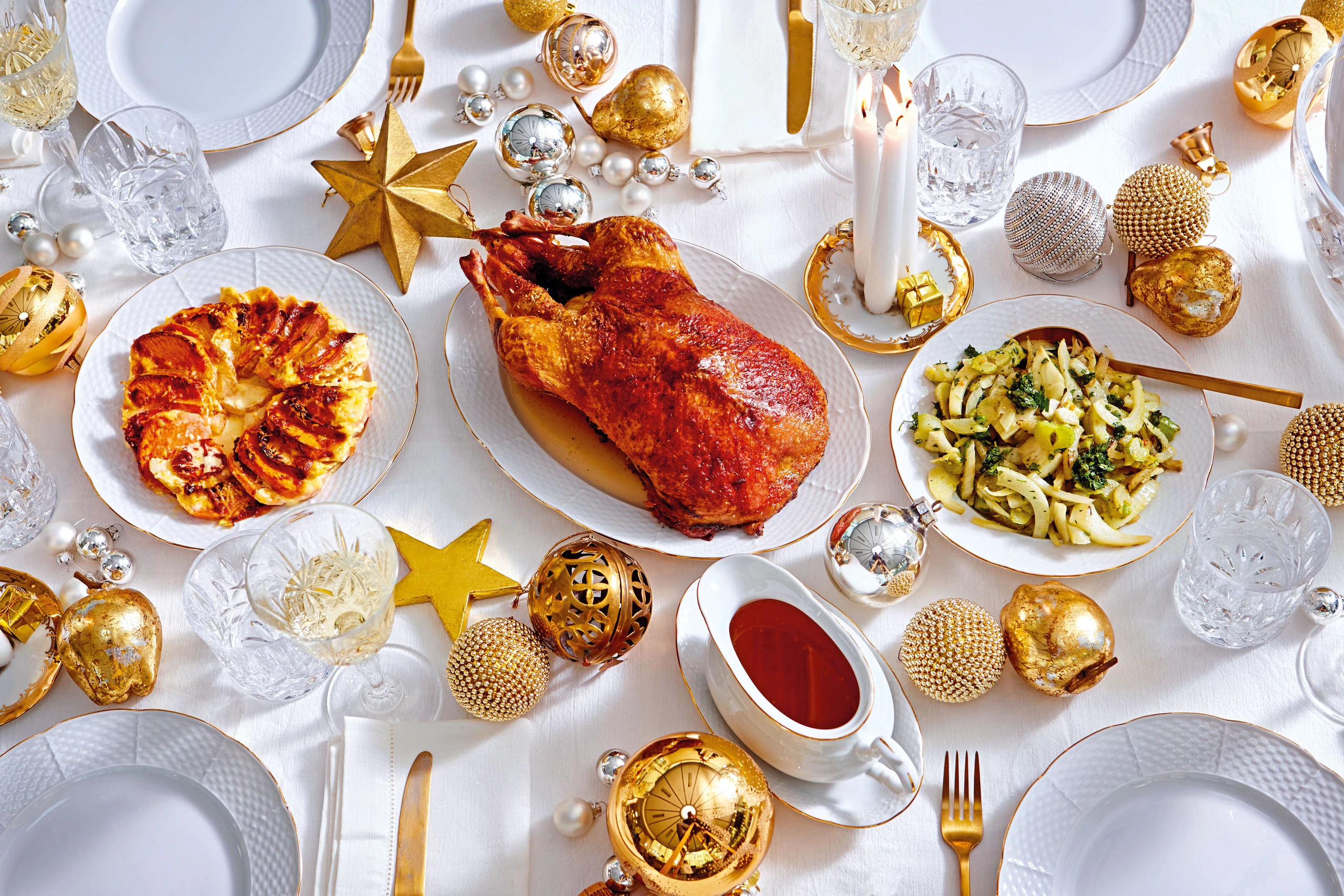 Ente mit Süßkartoffel-Apfelgratin und Fenchel mit Kräutersauce