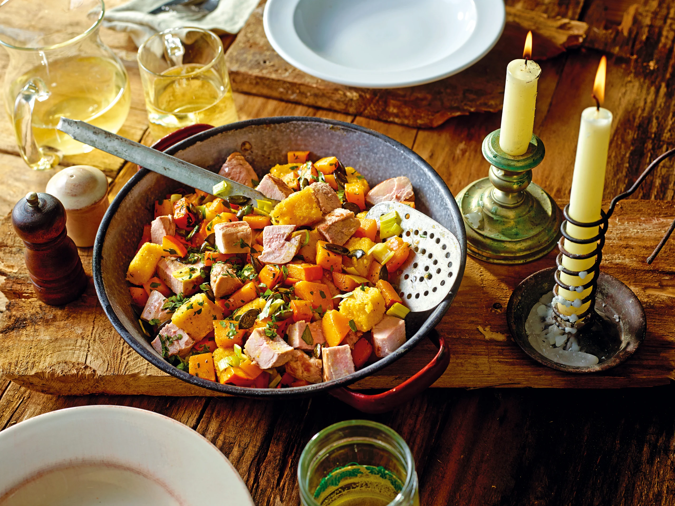 Polentagröstl mit Kürbis, Lauch, Schweinsfilet und Whisky