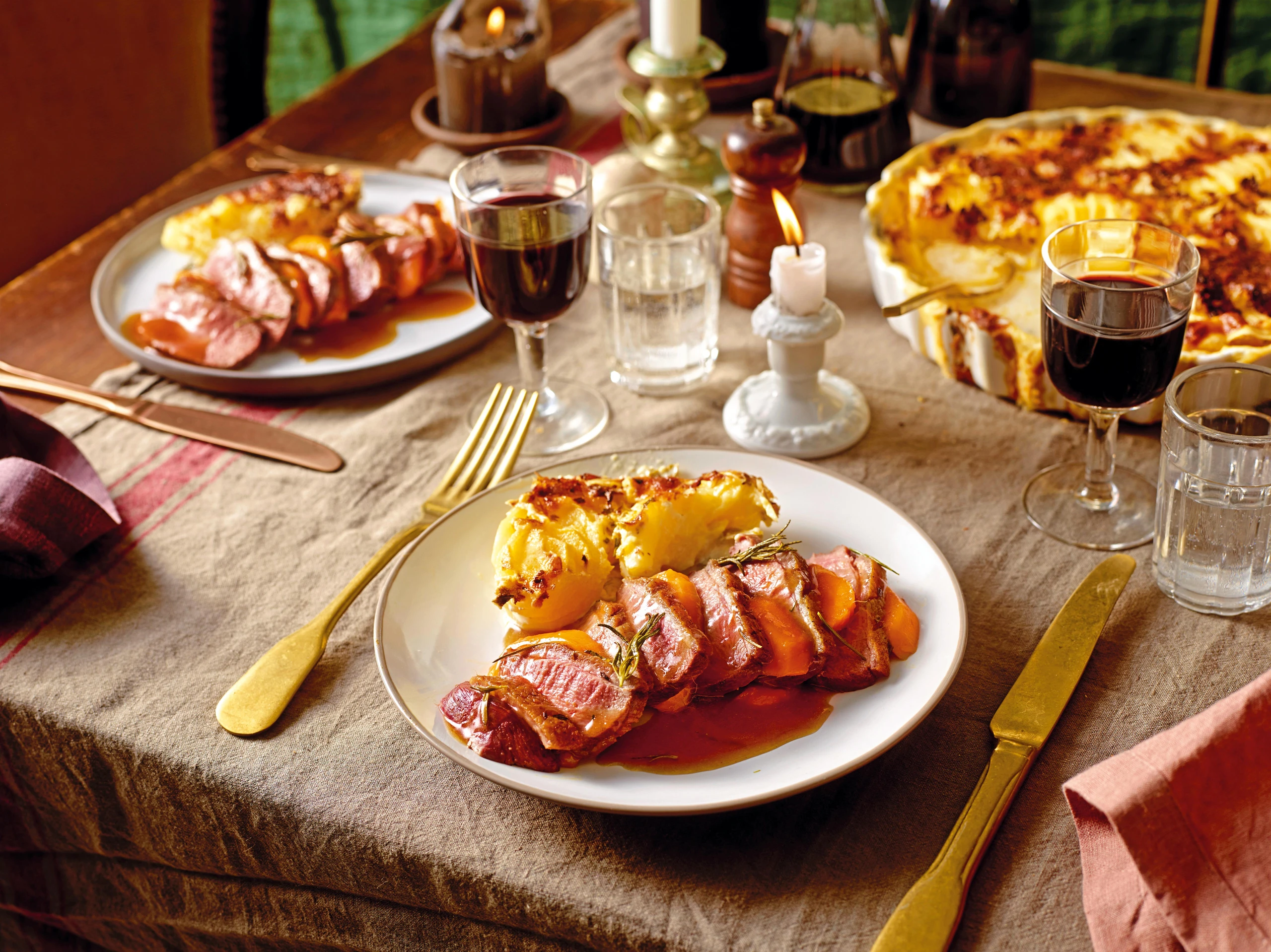 Mango-Ente mit Erdäpfelgratin