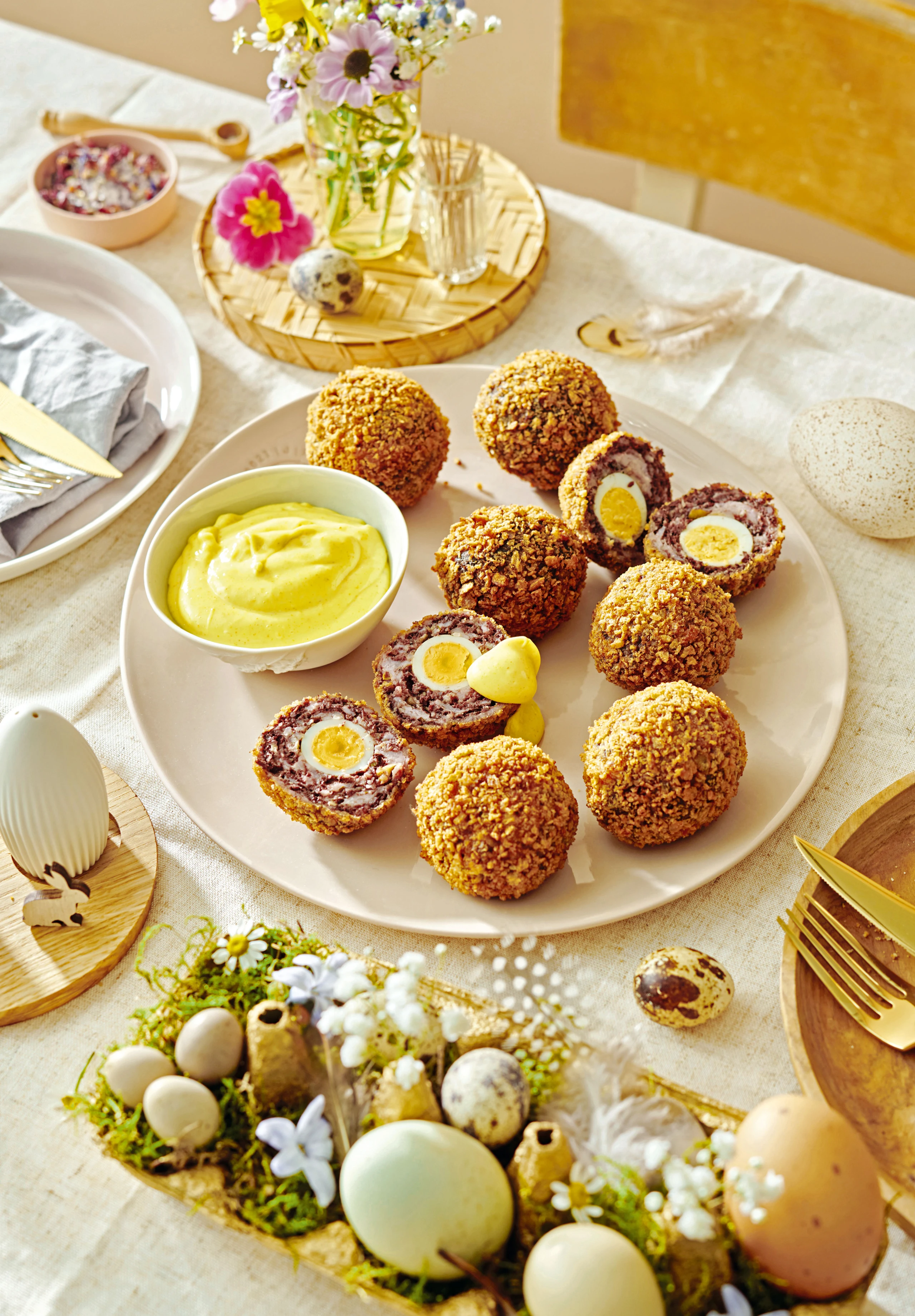 Gebackene Wachteleier mit Blutwurst und Speck