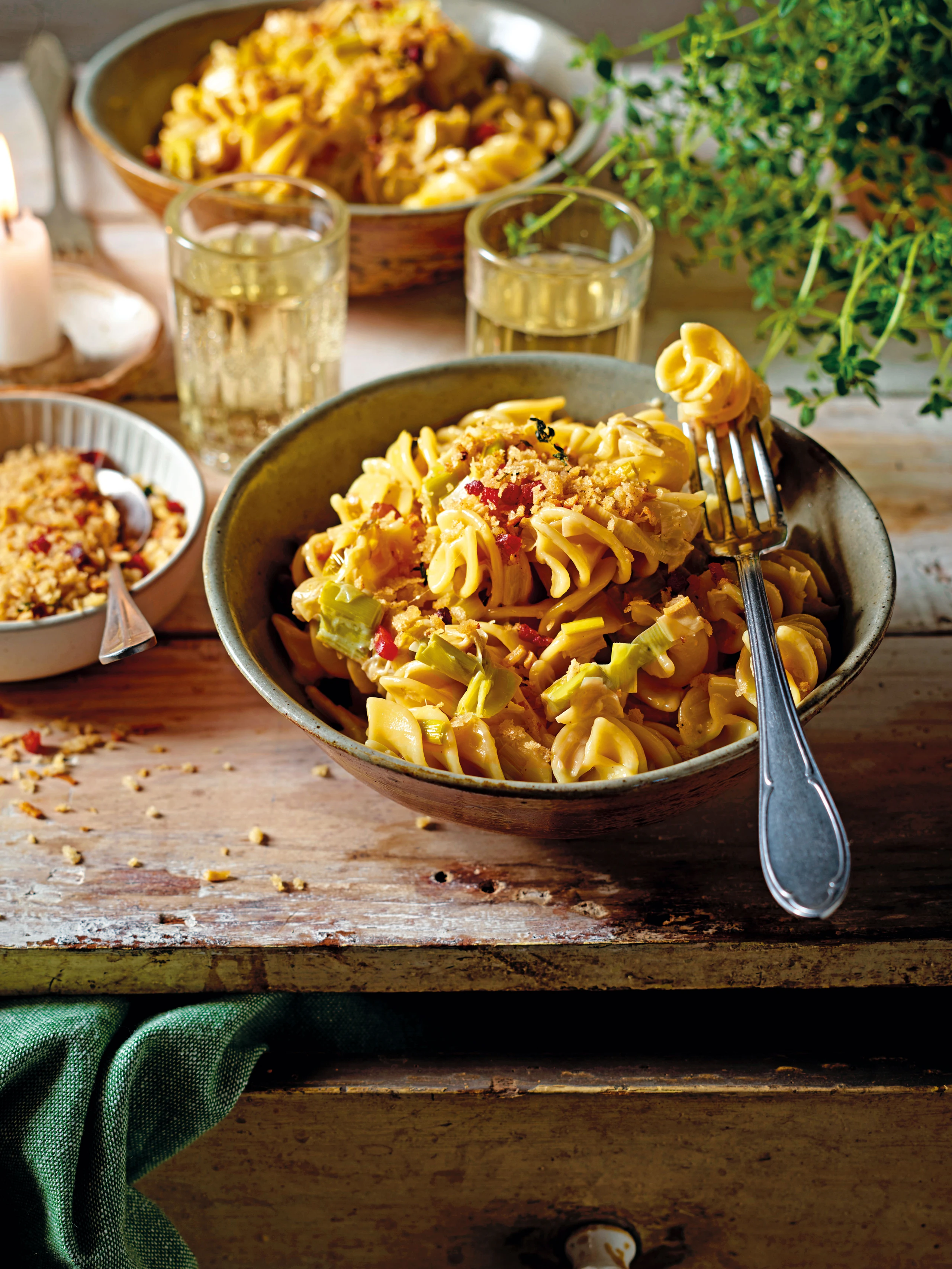 Lauch-Pasta mit Speckbröseln