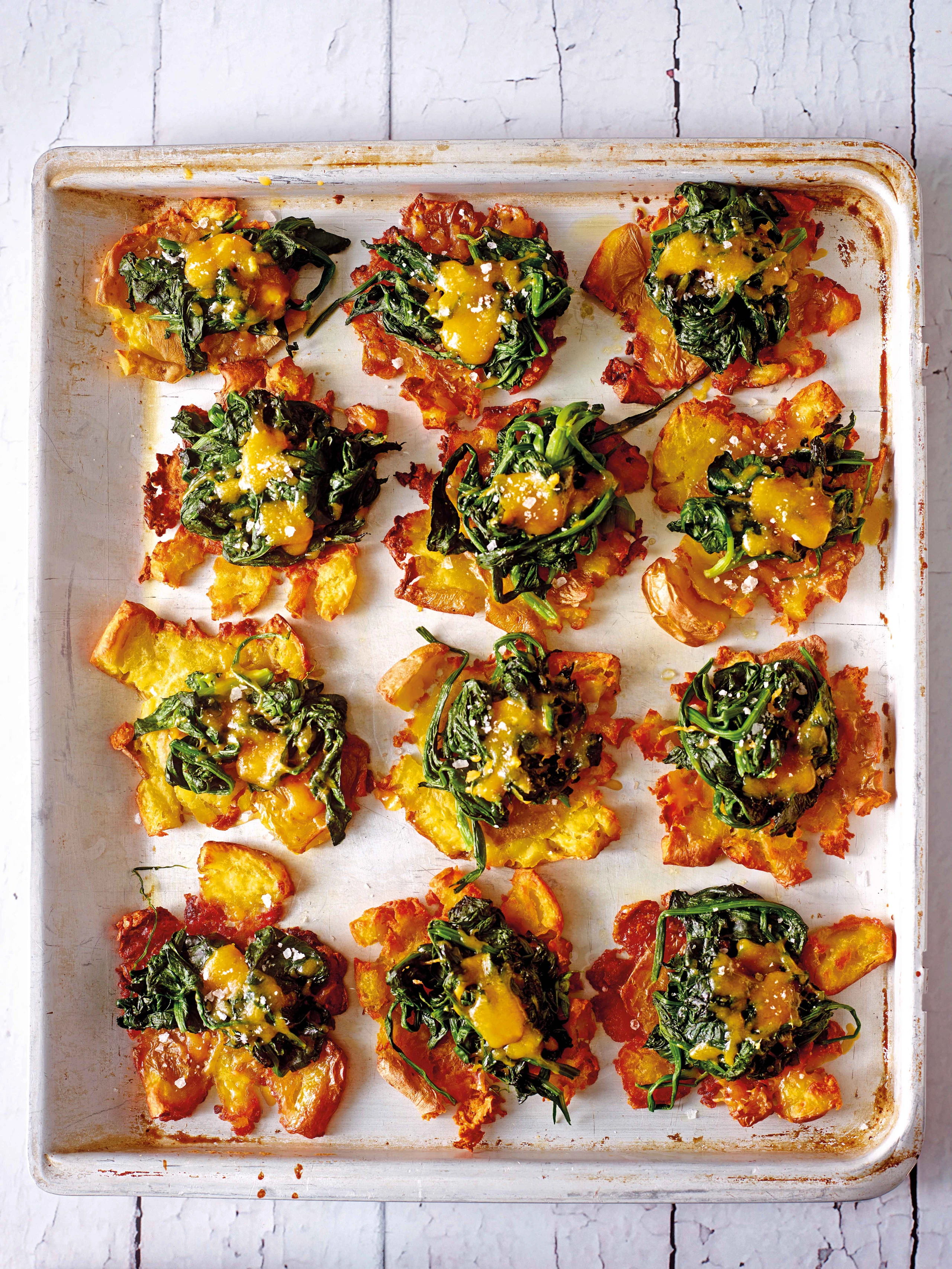 Quetscherdäpfel mit Spinat und Cheddar