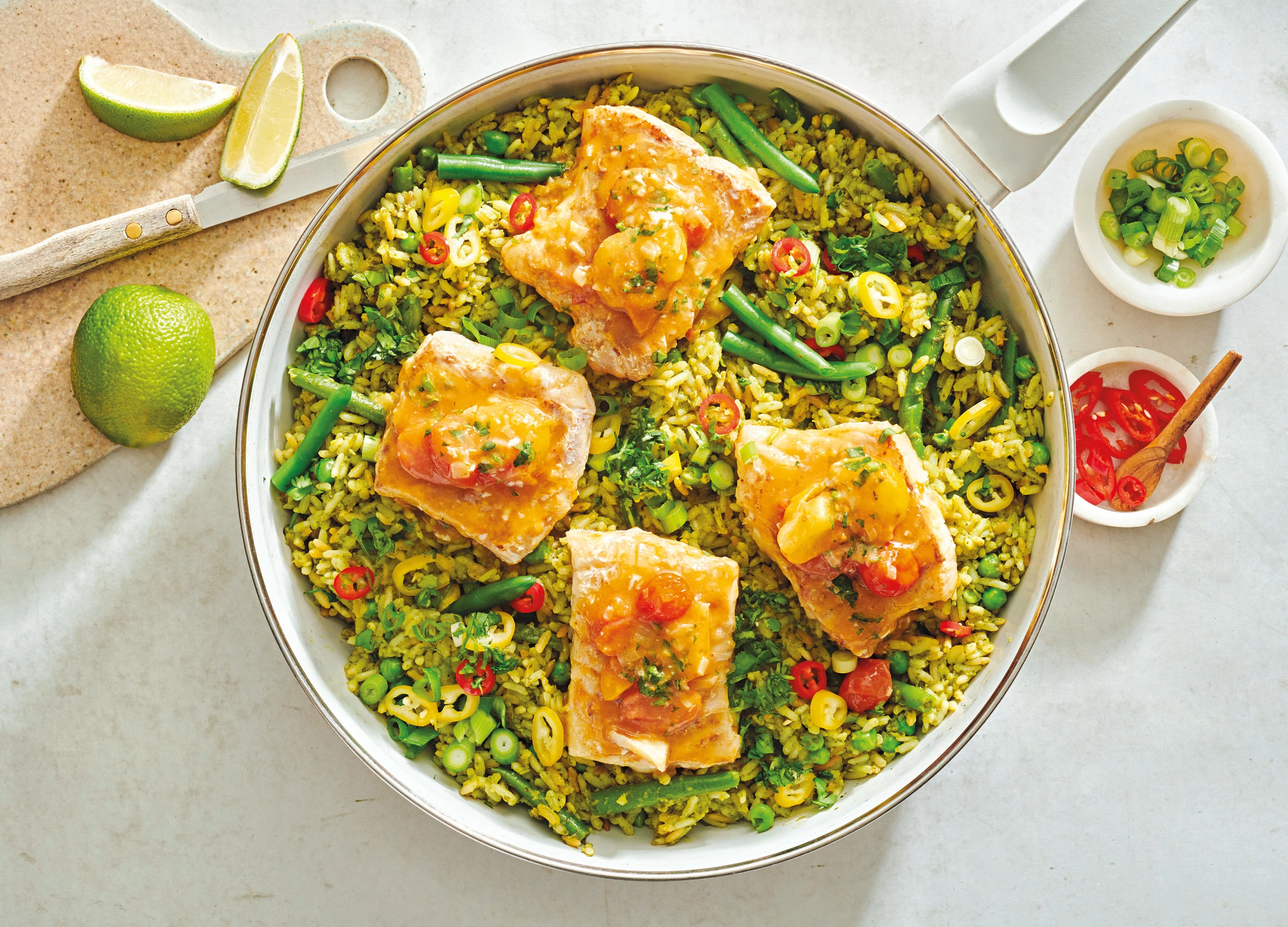 Gebratener Kräuterreis mit Limetten-Kabeljau