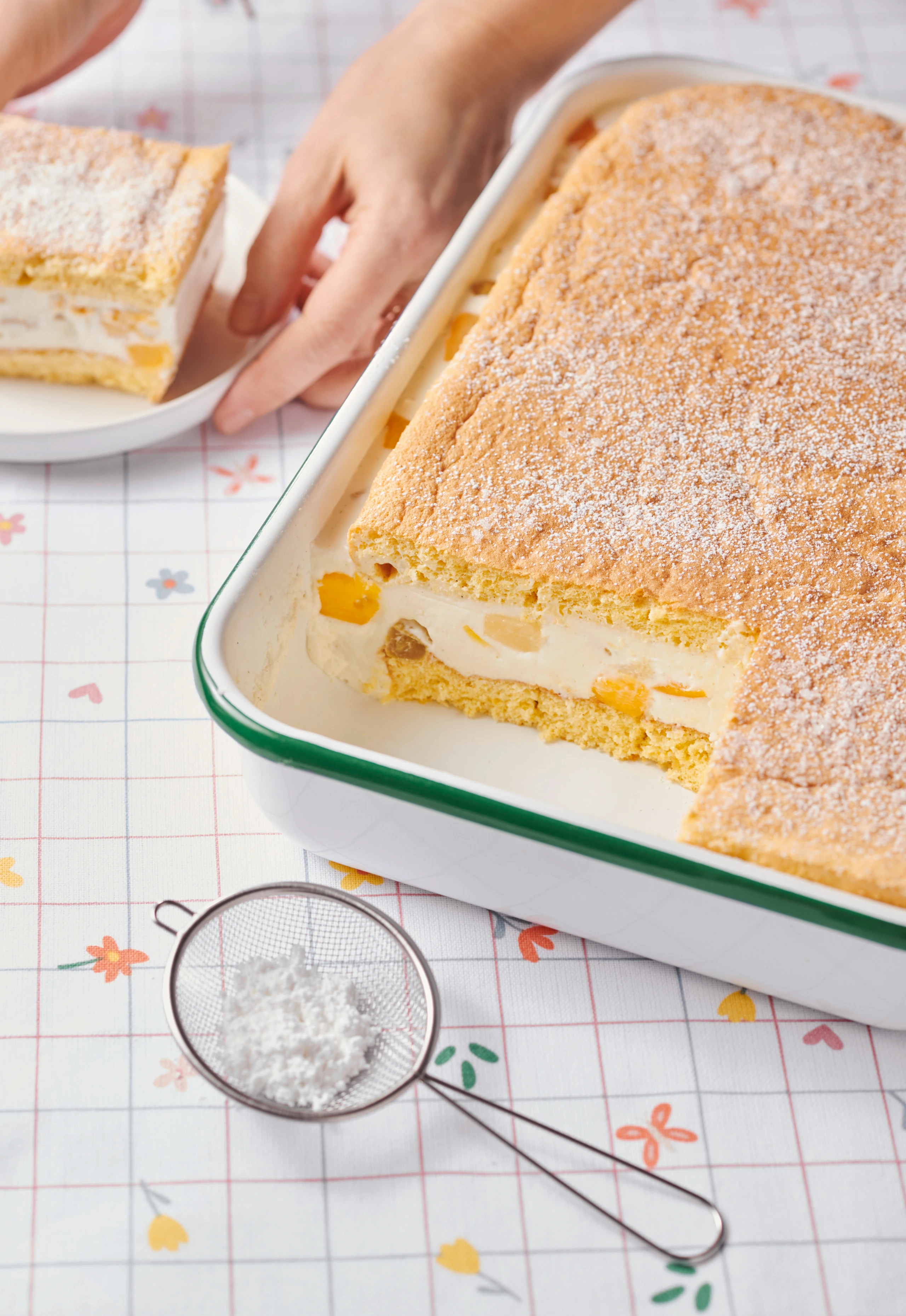 Topfen-Biskuitkuchen mit Fruchtcocktail