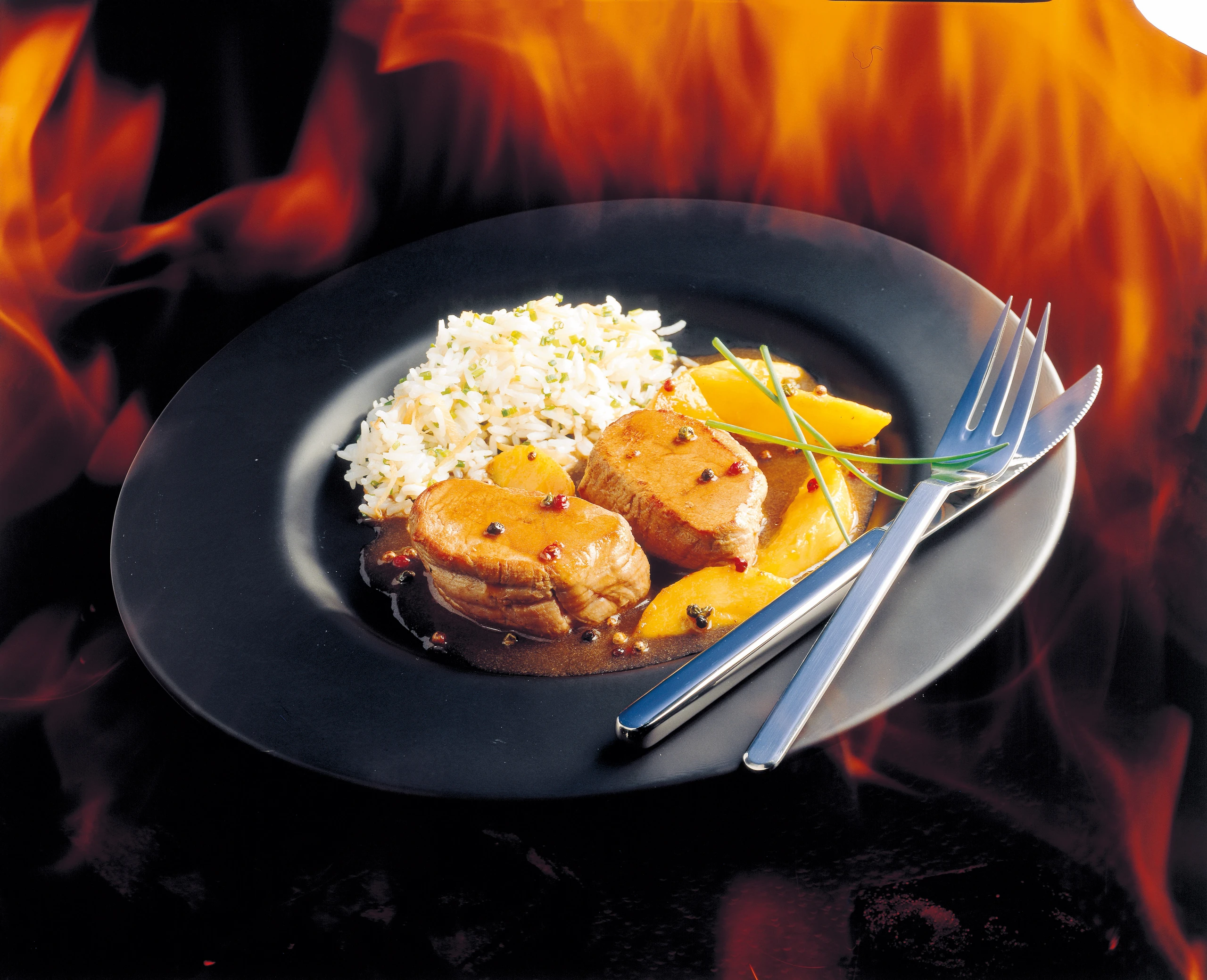 Schweinssteak mit Mango und Pfeffersauce