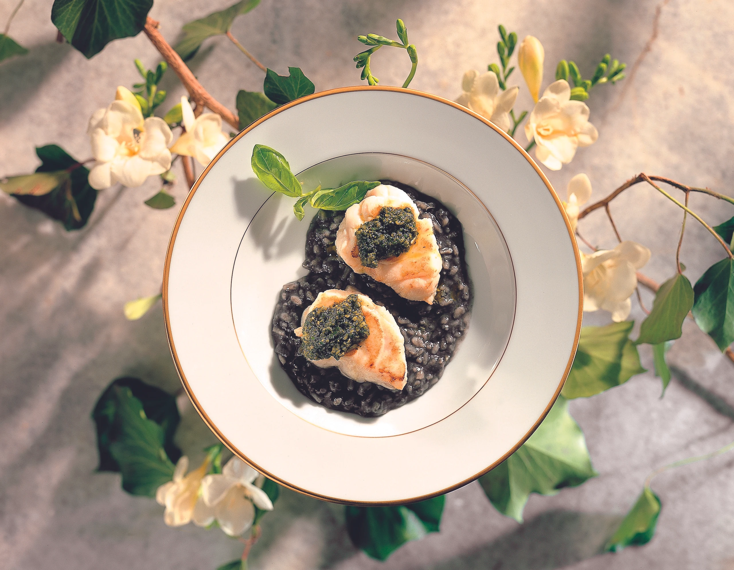 Seeteufel mit Tintenfisch-Risotto und Pesto