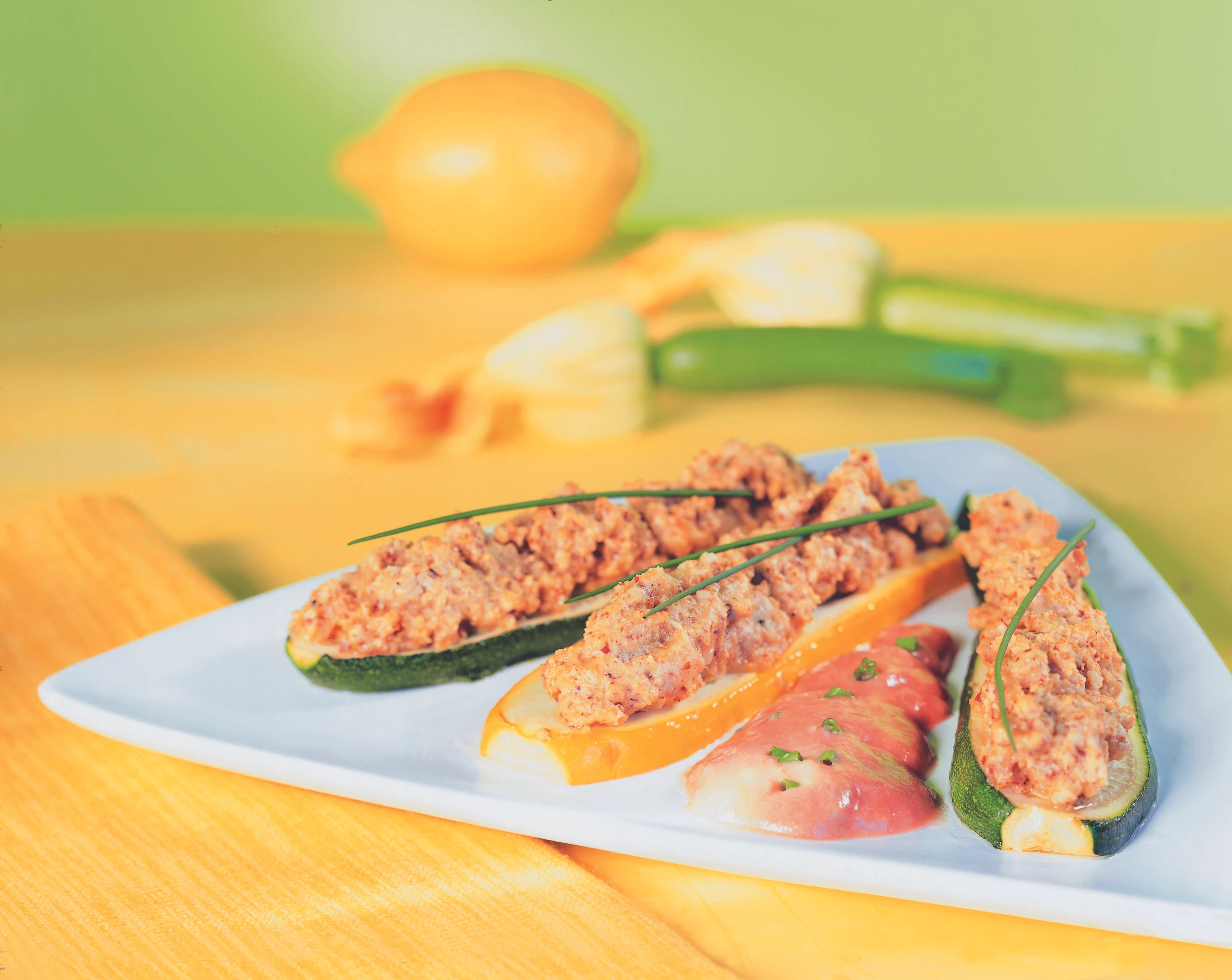 Zucchini mit Käse-Mandelkruste und rosa Schnittlauchsauce