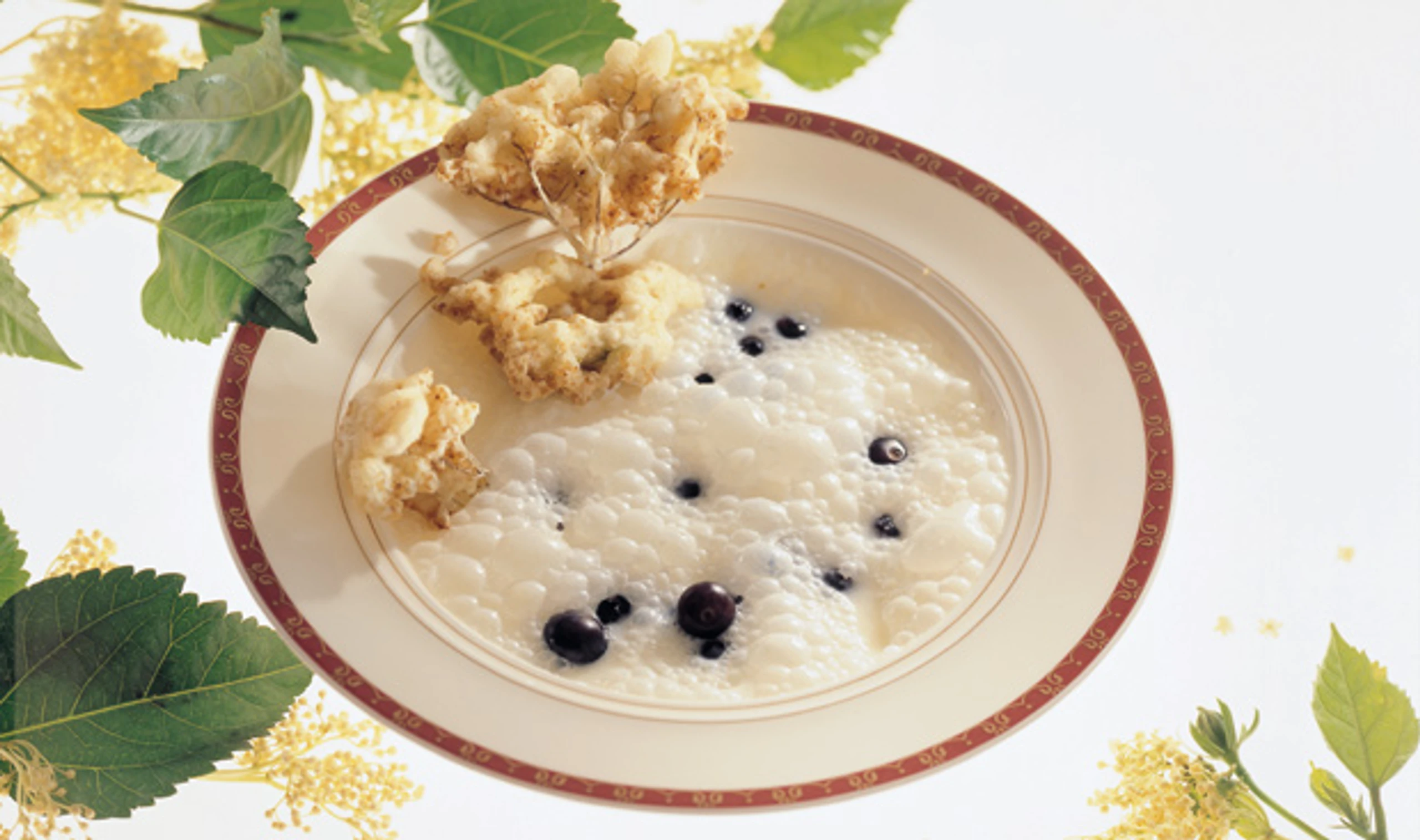 Holunder-Joghurtsuppe mit Holunderblüten in Tempurateig