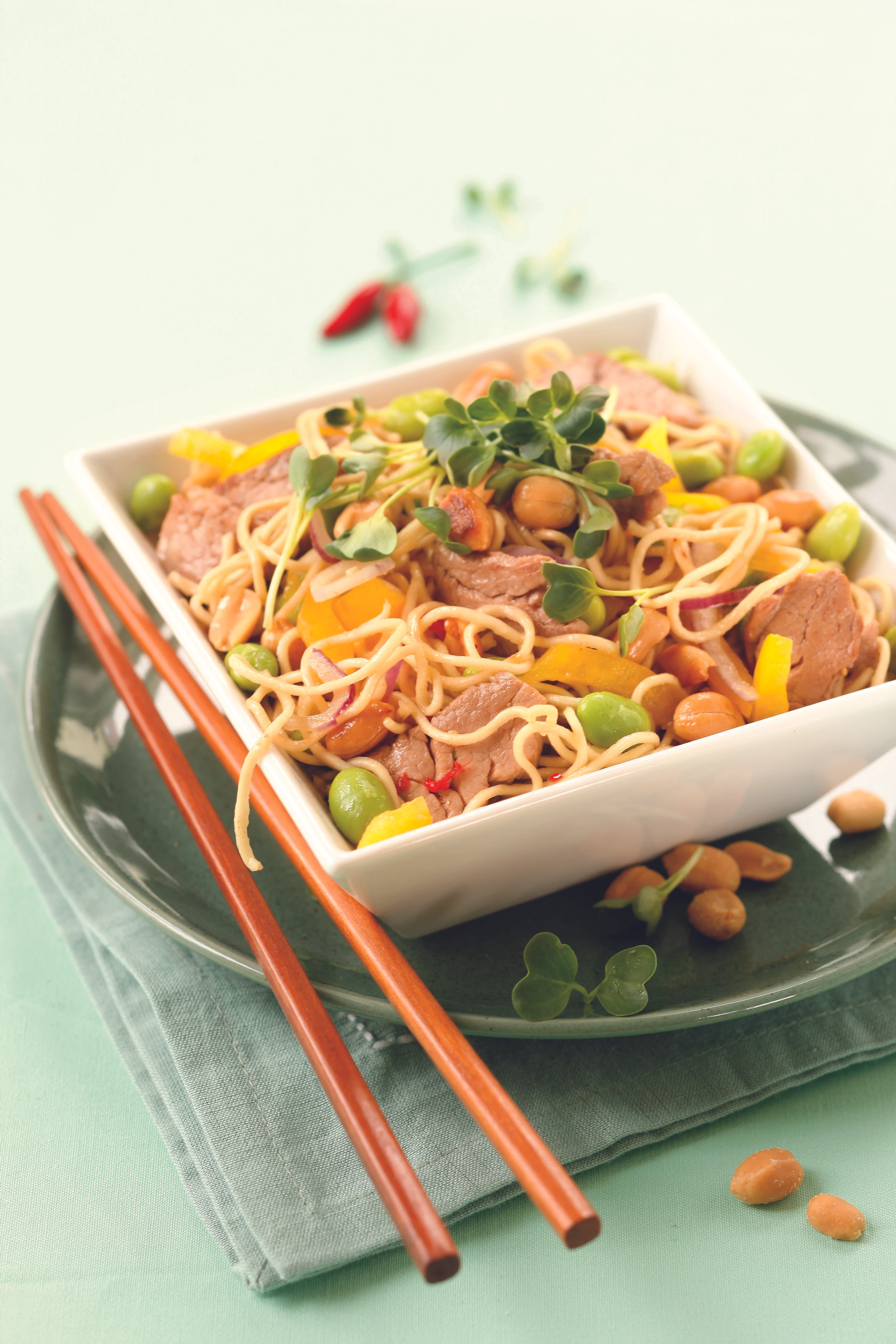 Scharfe Nudeln mit Schweinsfilet