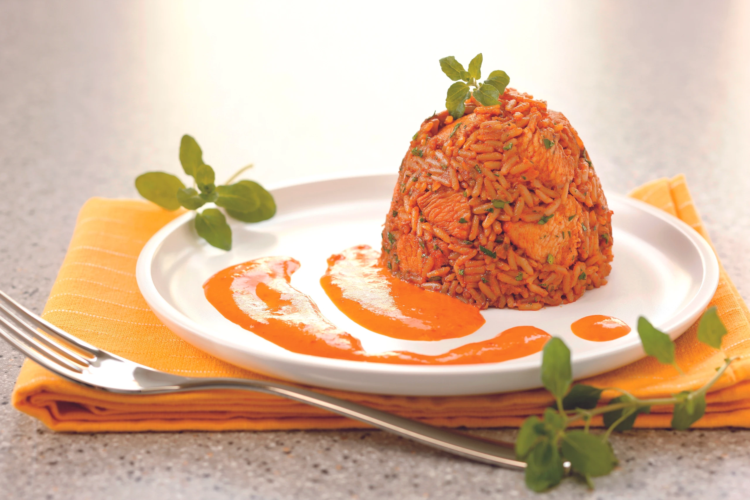 Puten Reis Fleisch mit Paprika Sauce