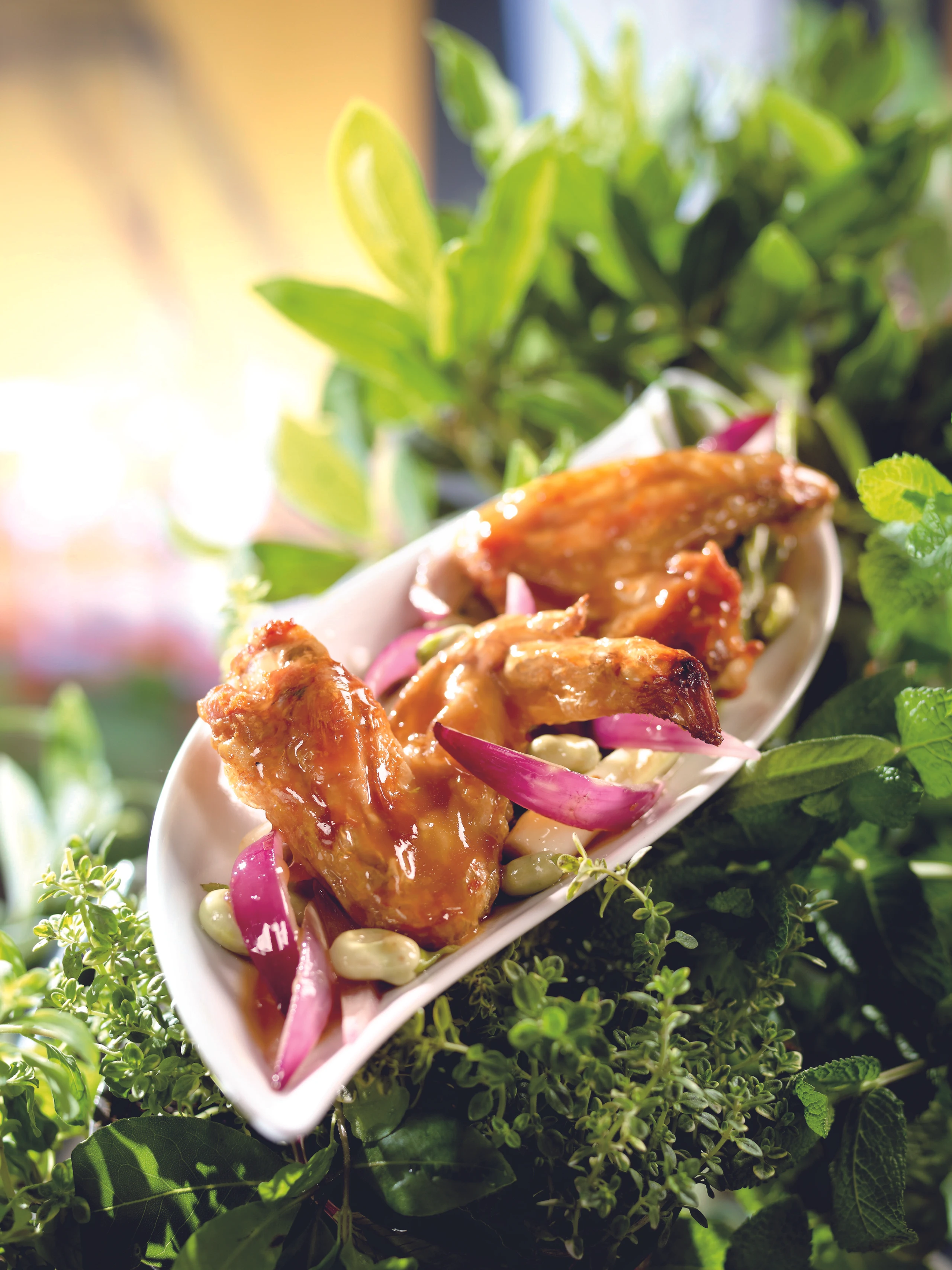 Hühnerflügerln mit Saubohnen