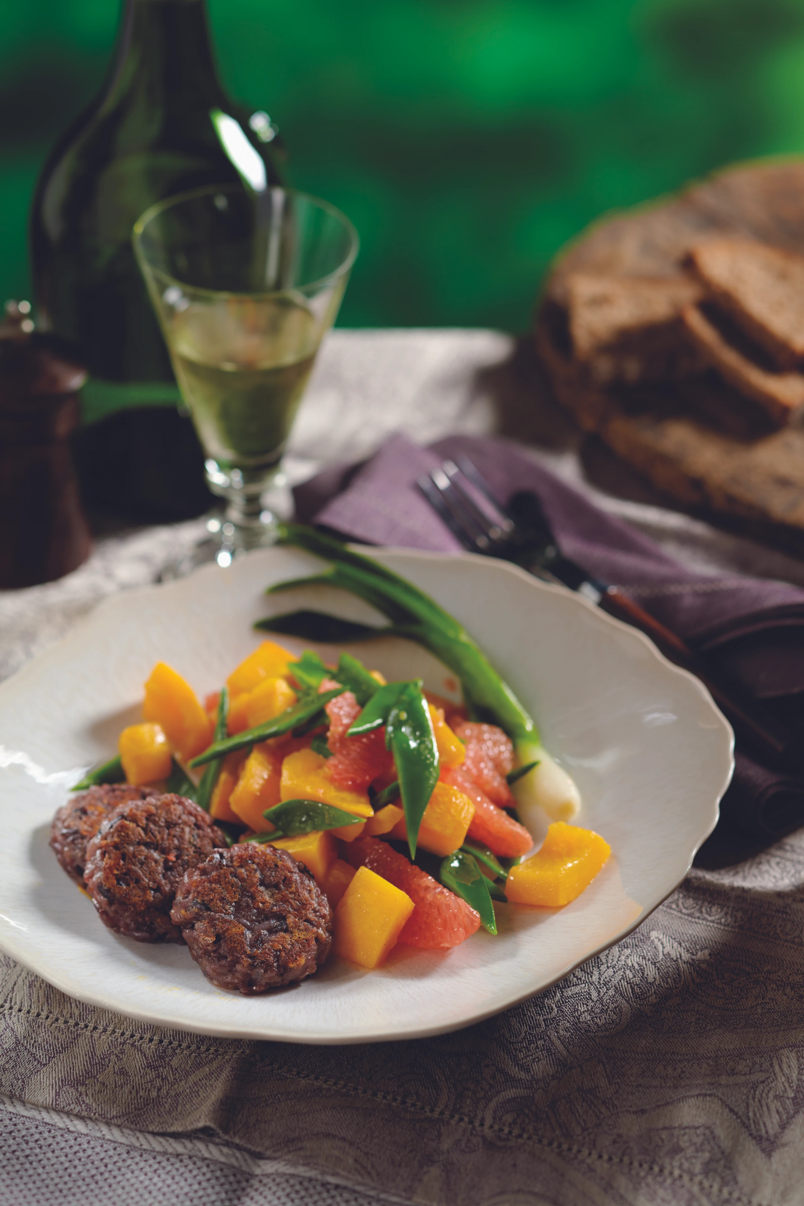 Kürbis mit Grapefruits und Reis-Laibchen