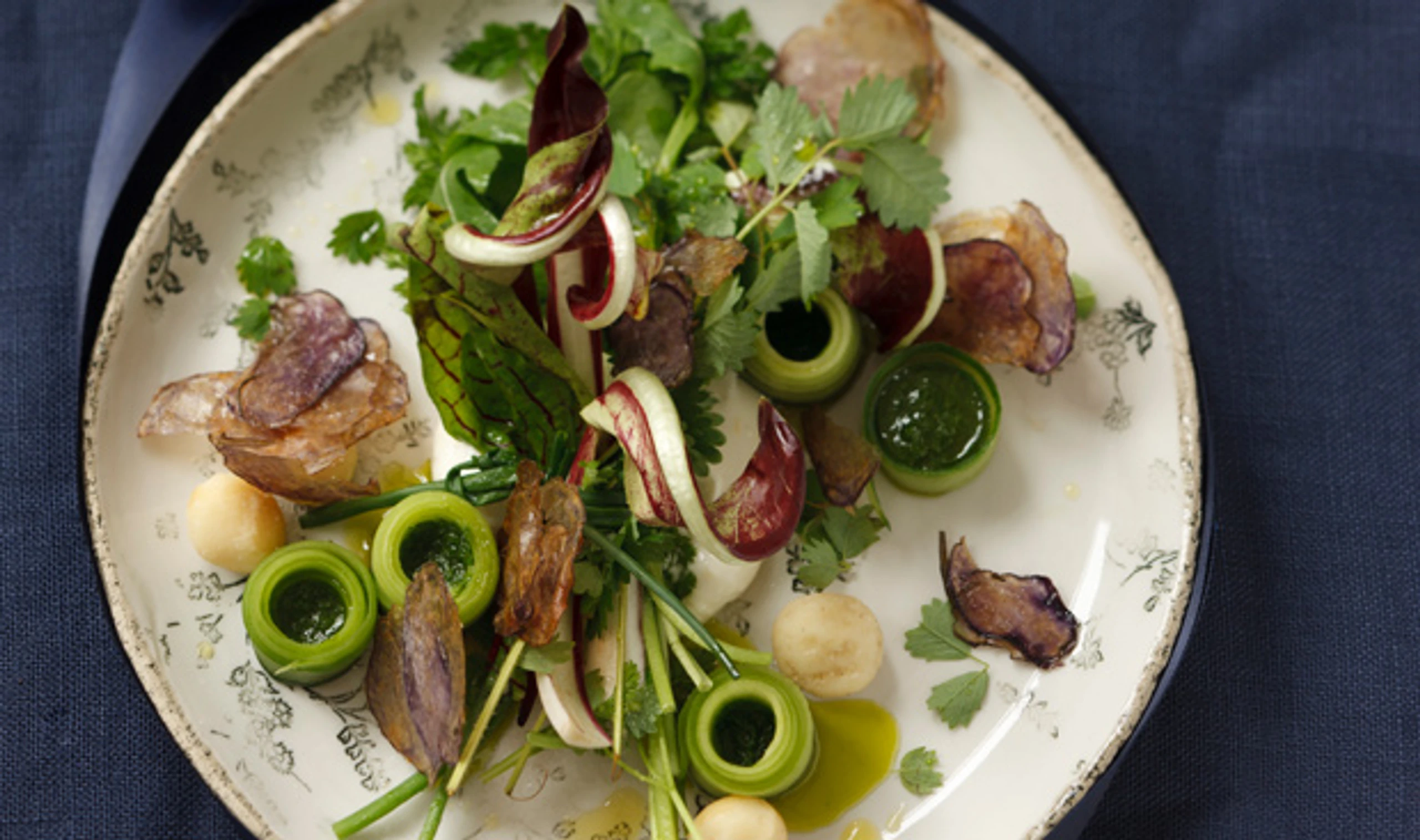 Salat mit Wacholderrahm, Dillöl und Chips