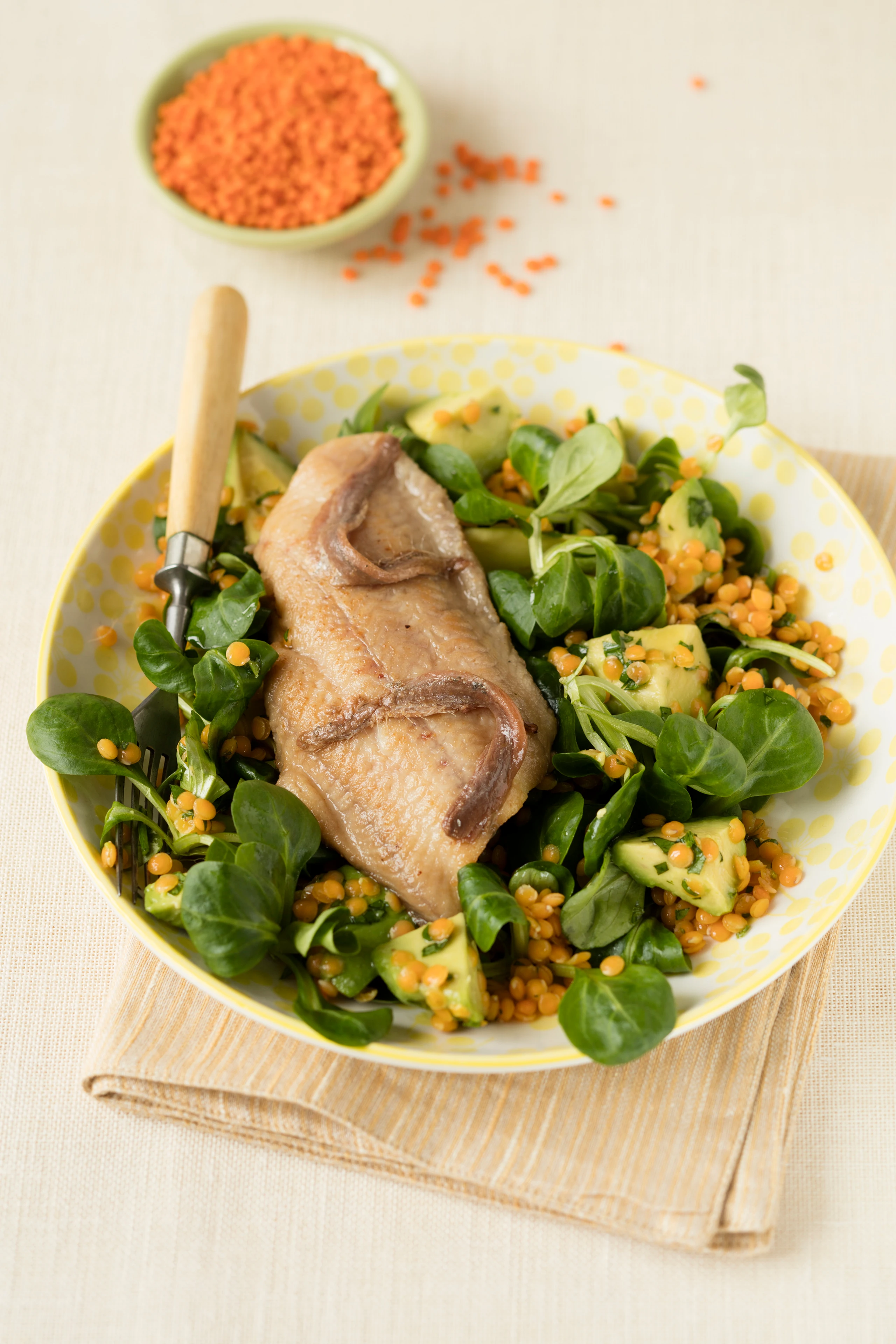 Welsfilet auf Avocado-Linsensalat