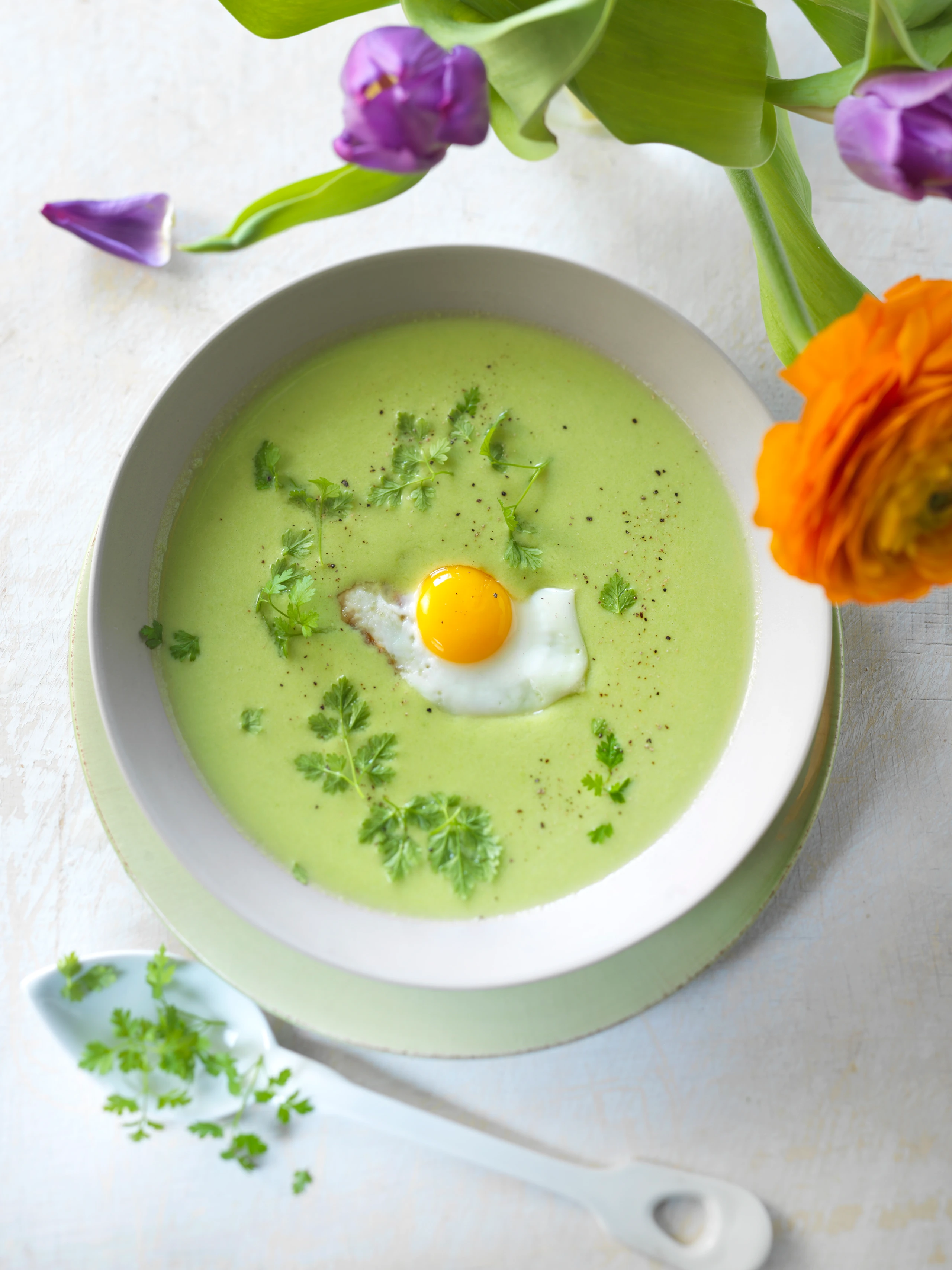 Erbsensuppe mit Kerbel und Ei