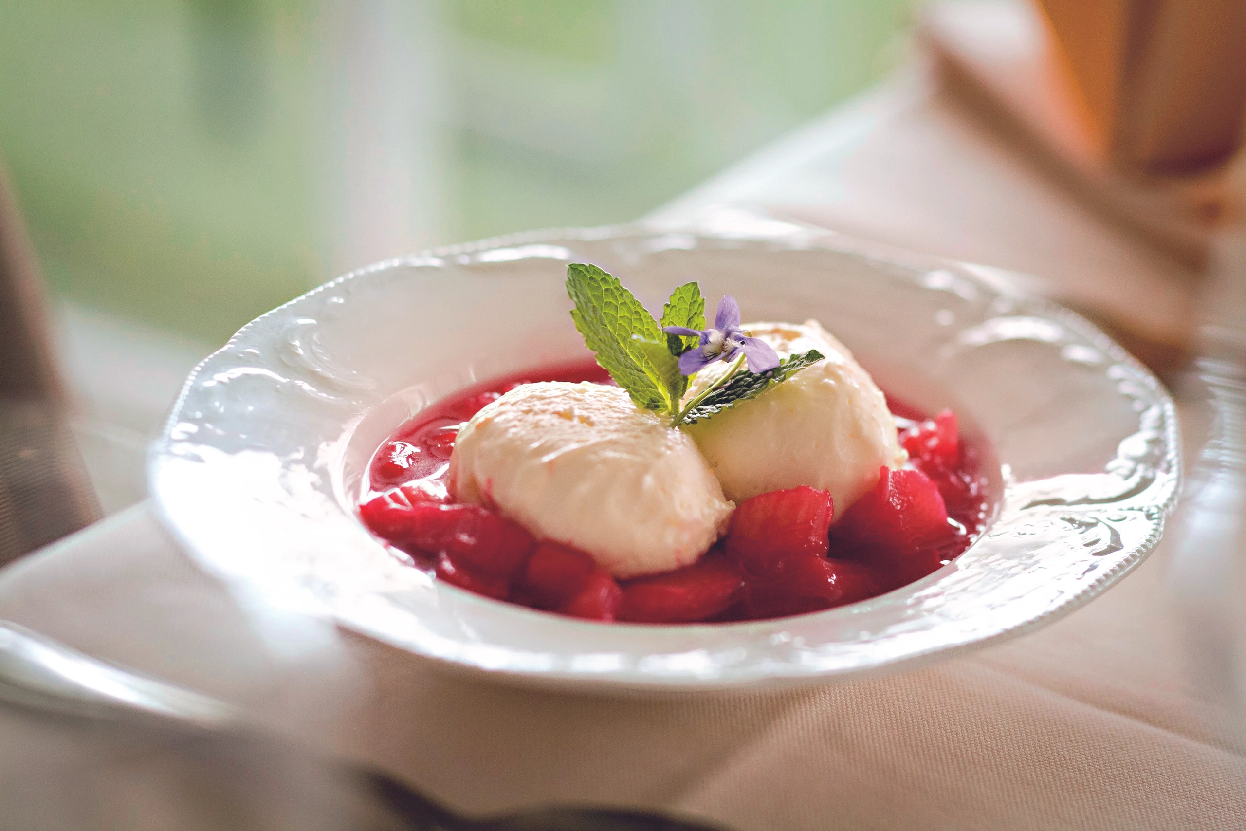 Holunderblüten-Creme mit Rhabarber-Erdbeerkompott