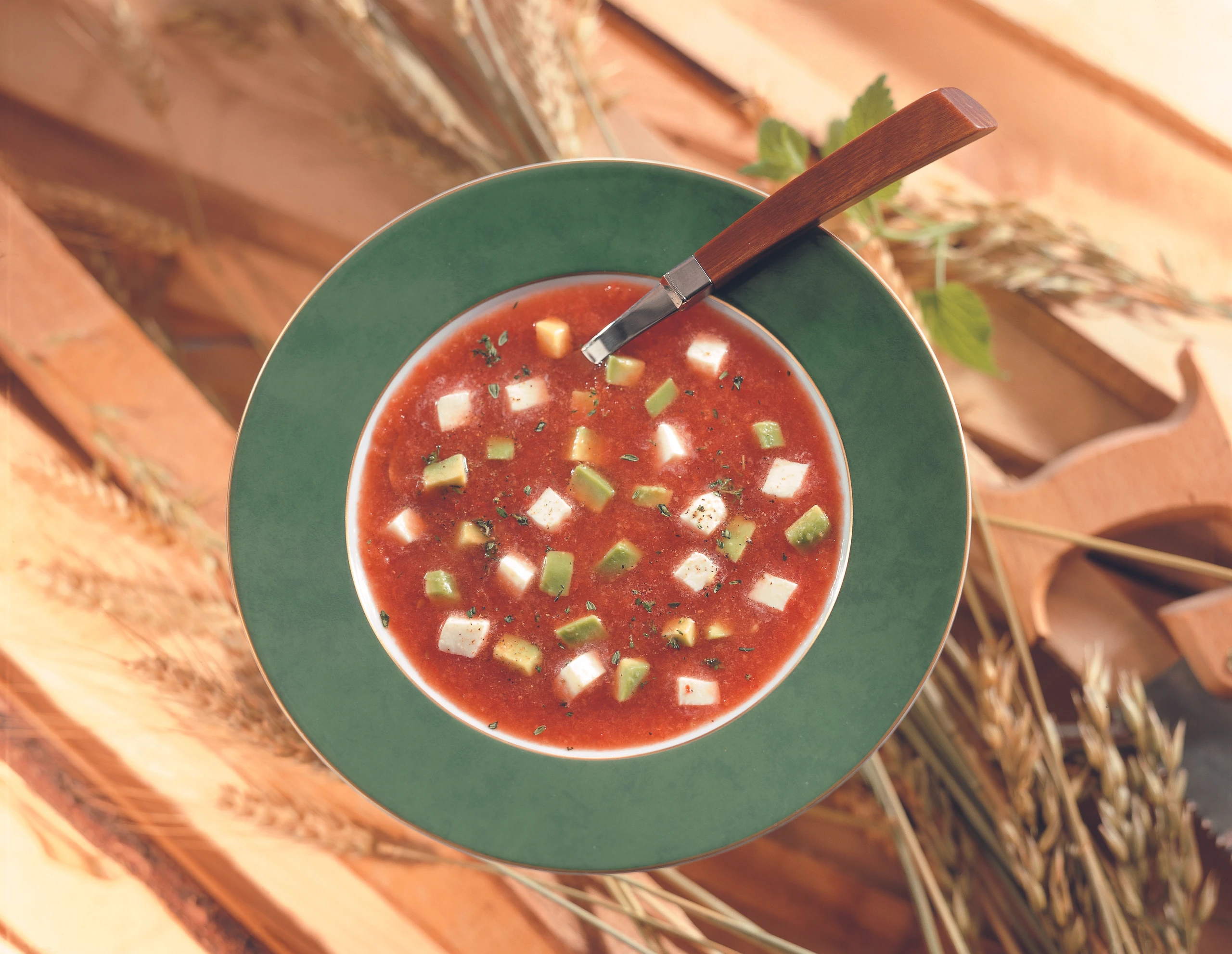 Kalte Gemüsesuppe mit Mozzarella und Avocados