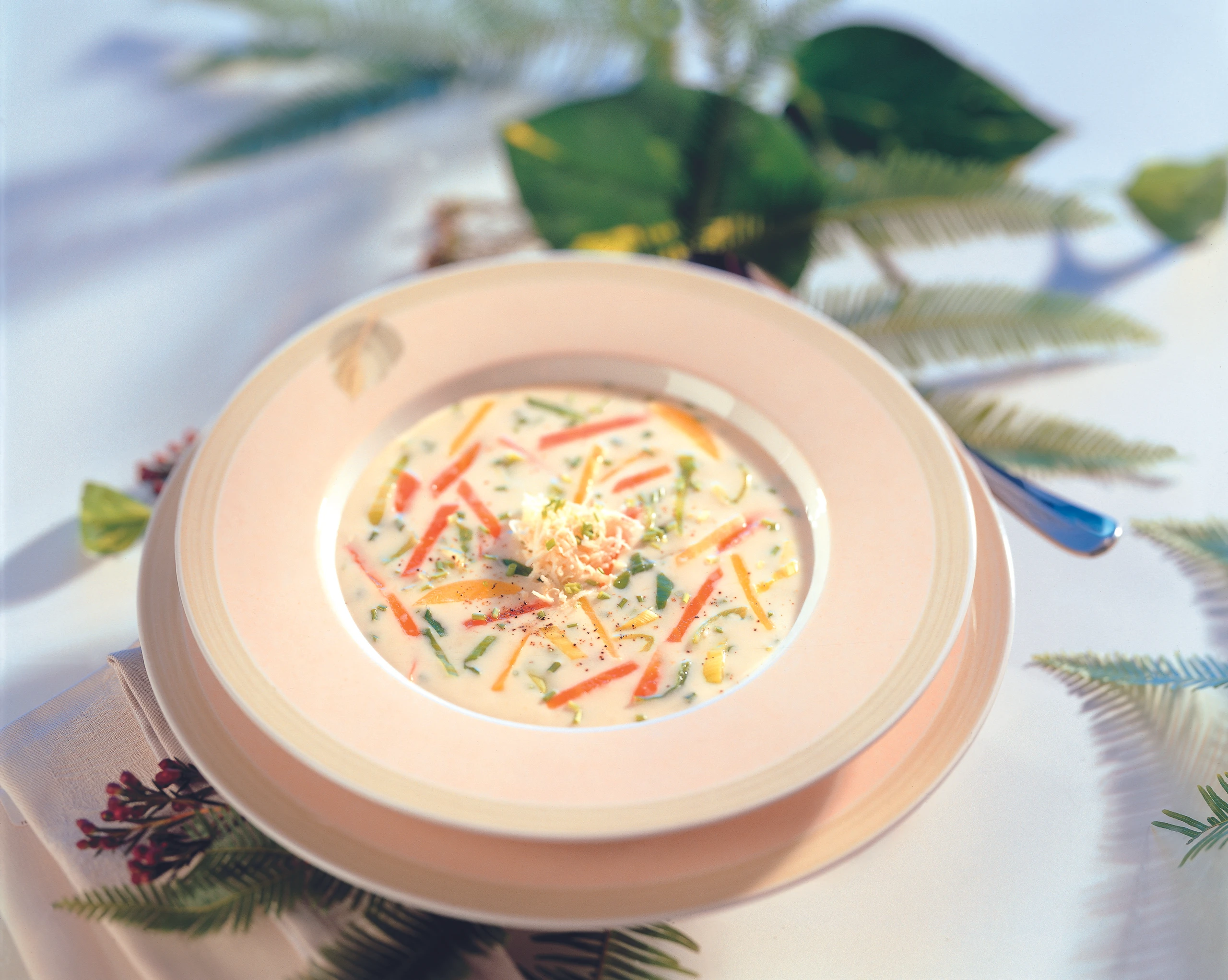 Hühnercremesuppe mit Wurzelgemüse und Kren