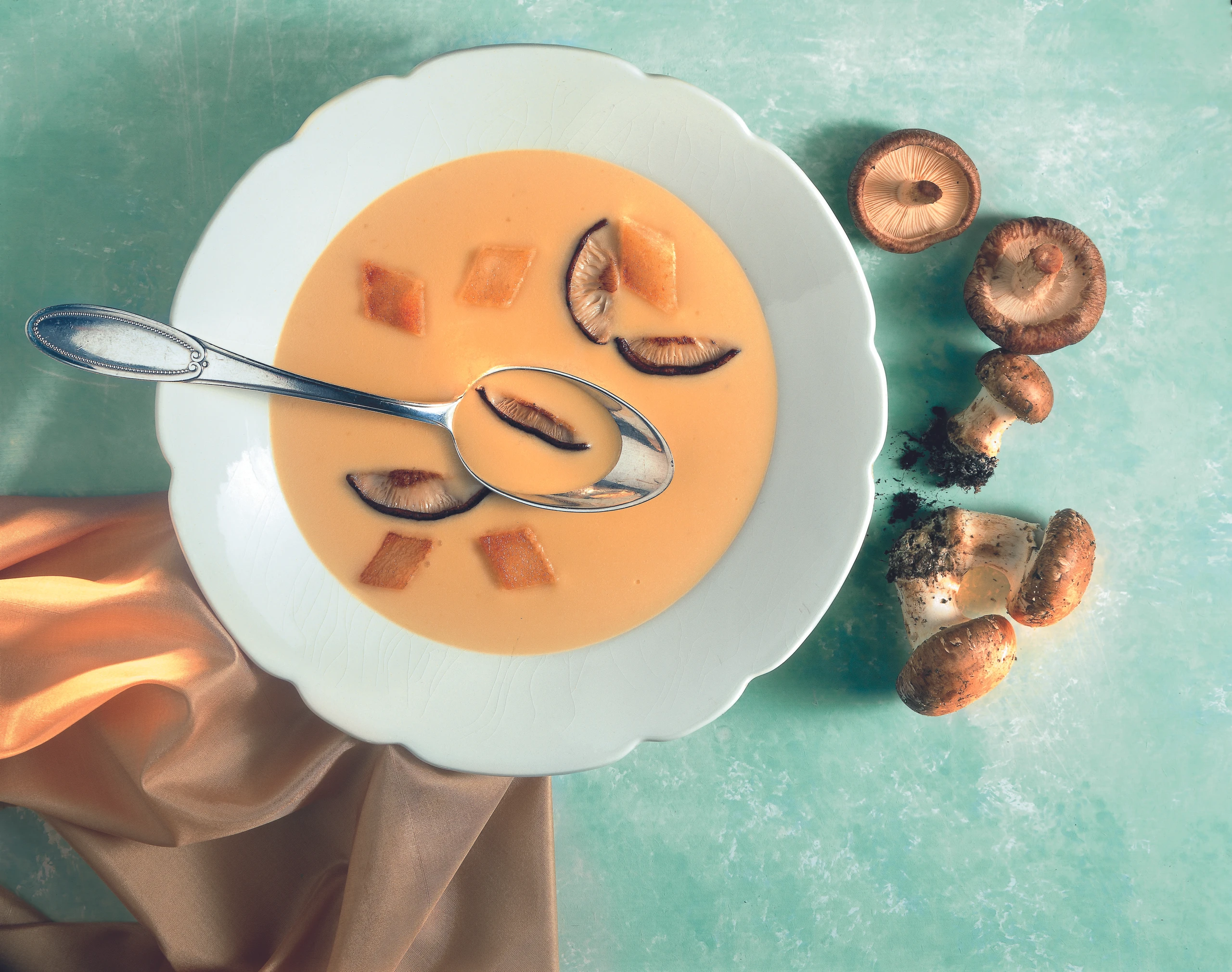 Schwammerlsuppe mit gerösteten Brotwürfeln