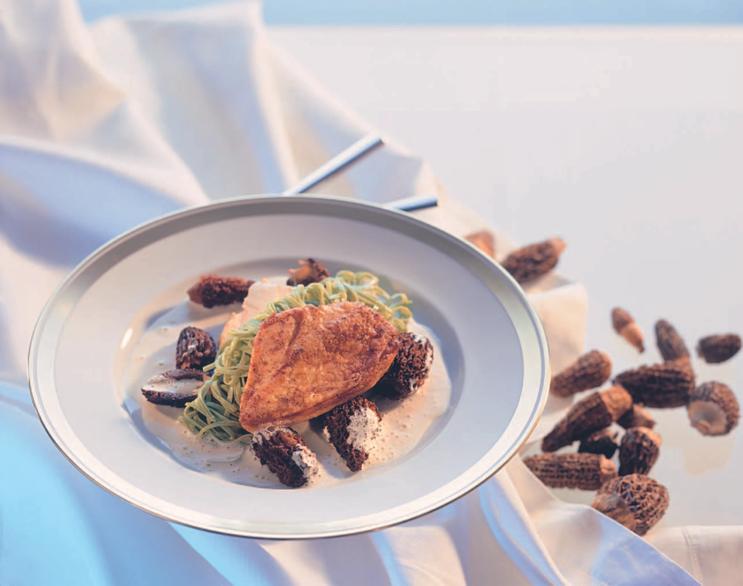 Gebratene Hühnerbrust mit Morchelsauce und Nudeln