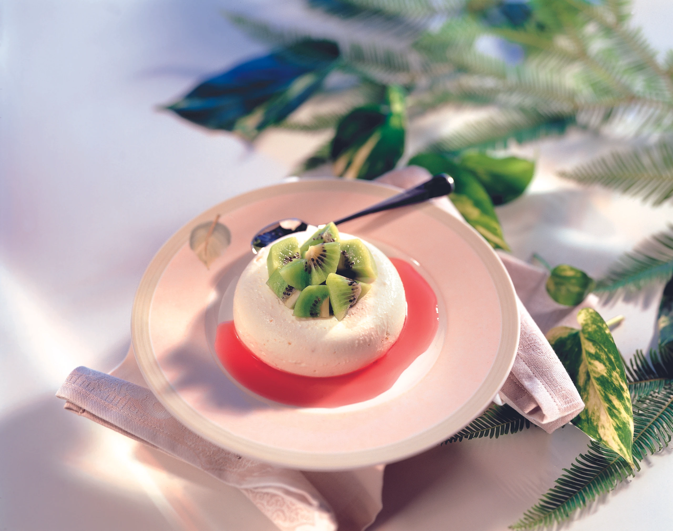 Topfen-Apfelsavarin mit Kiwis und Grenadinesauce