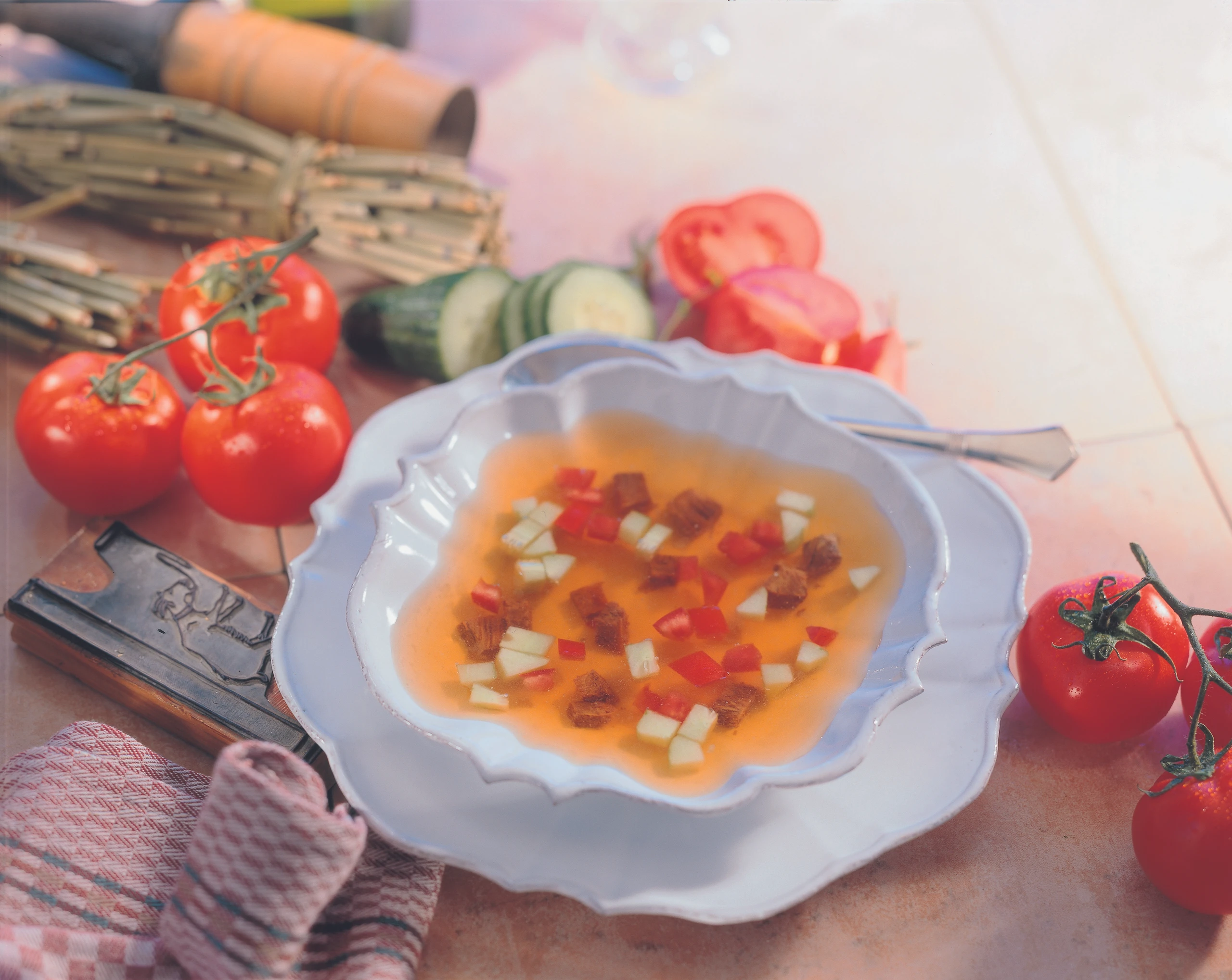 Kalte Rindsuppe mit Gurken und Paradeisern