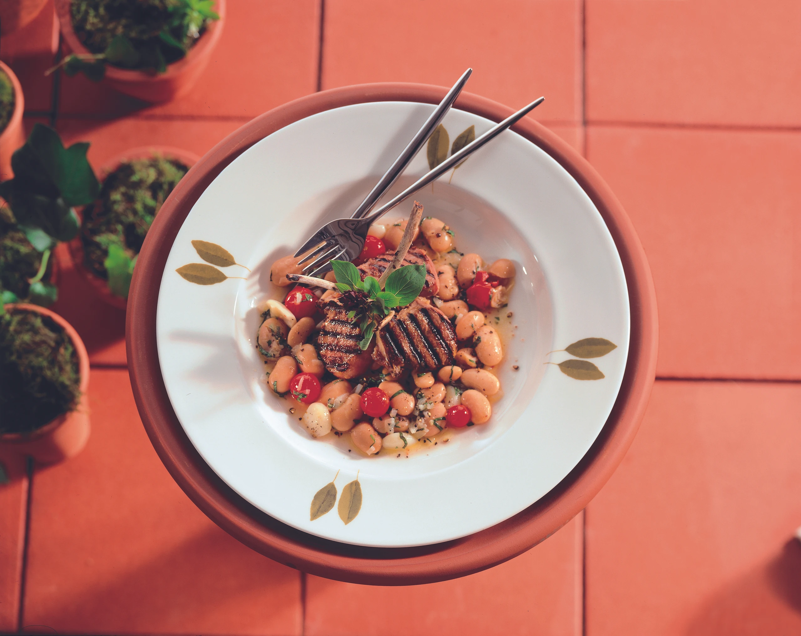 Gegrillte Lammkoteletts auf Bohnengemüse