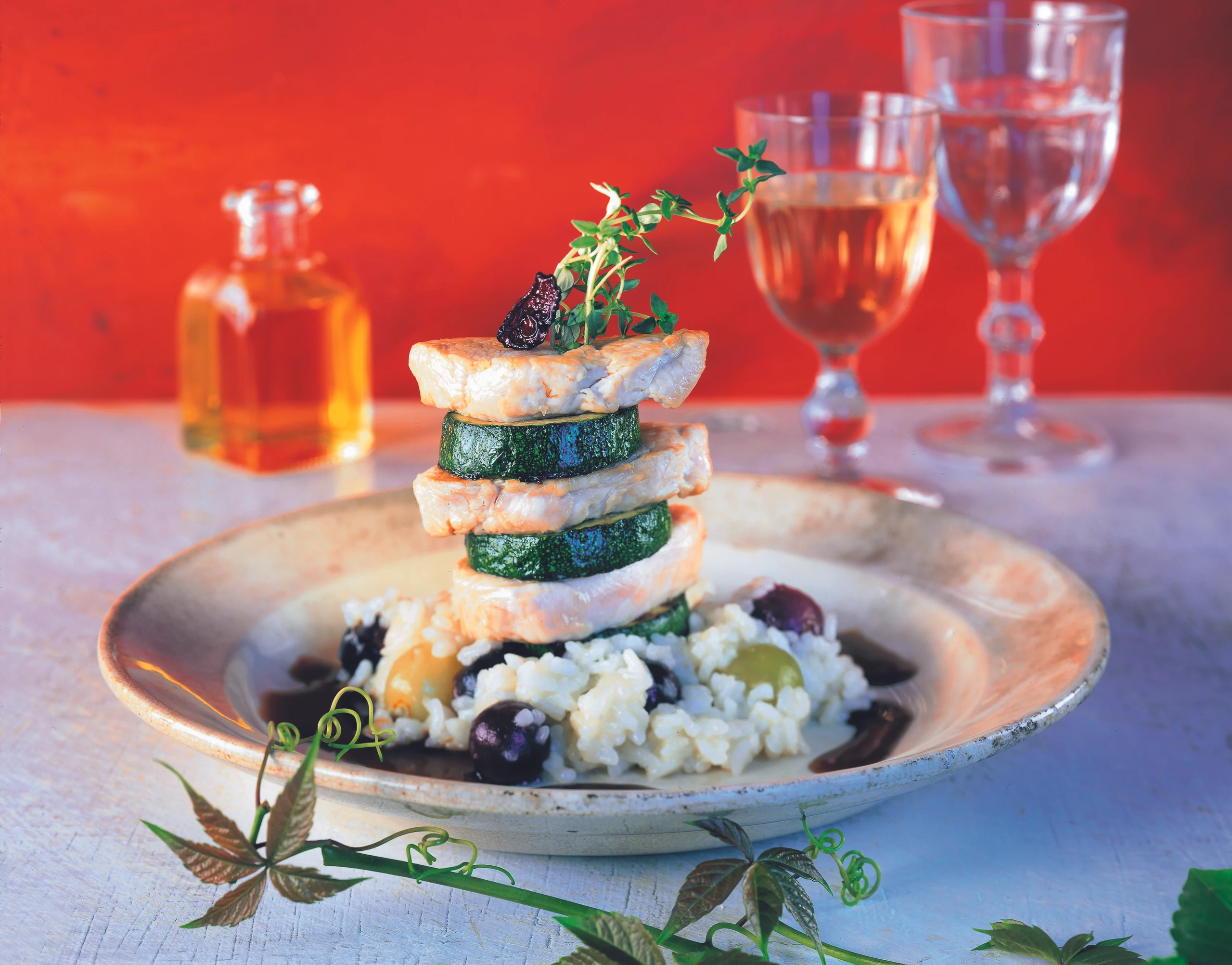 Puten-Zucchini-Türmchen mit Traubenrisotto