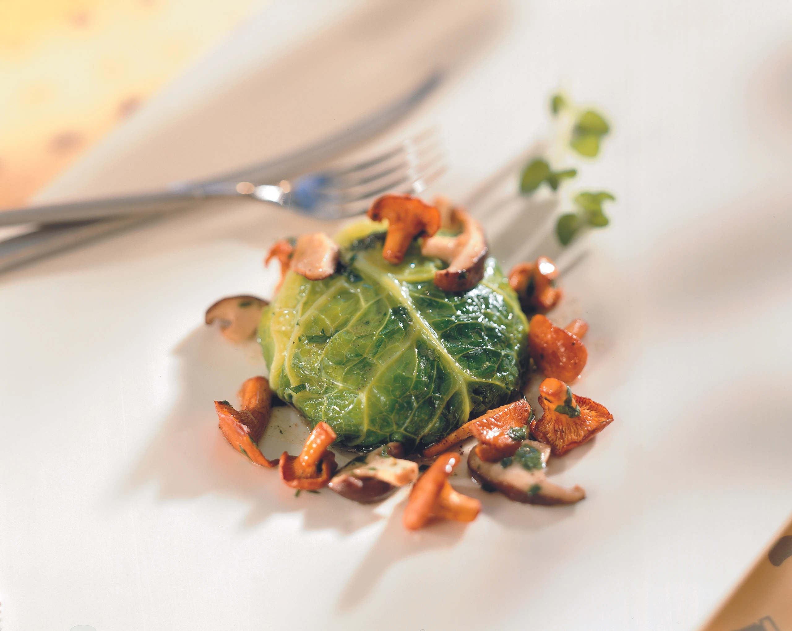 Kohlkugeln mit Erdäpfel-Selleriemus und Schwammerln