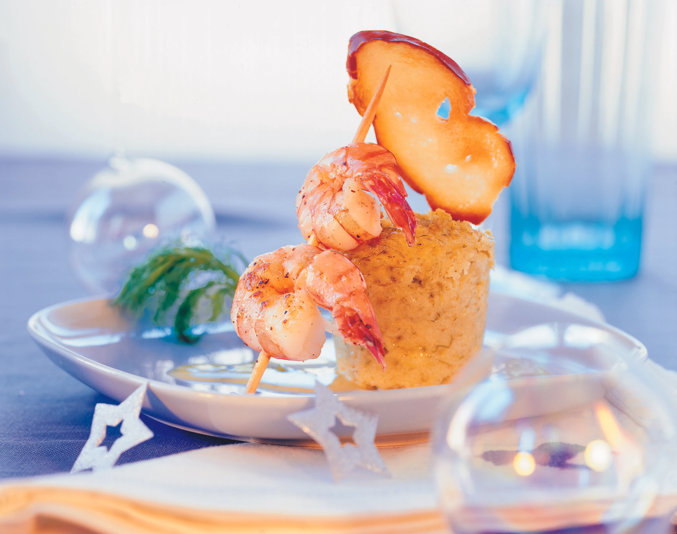 Fenchelauflauf mit Garnelenspießchen